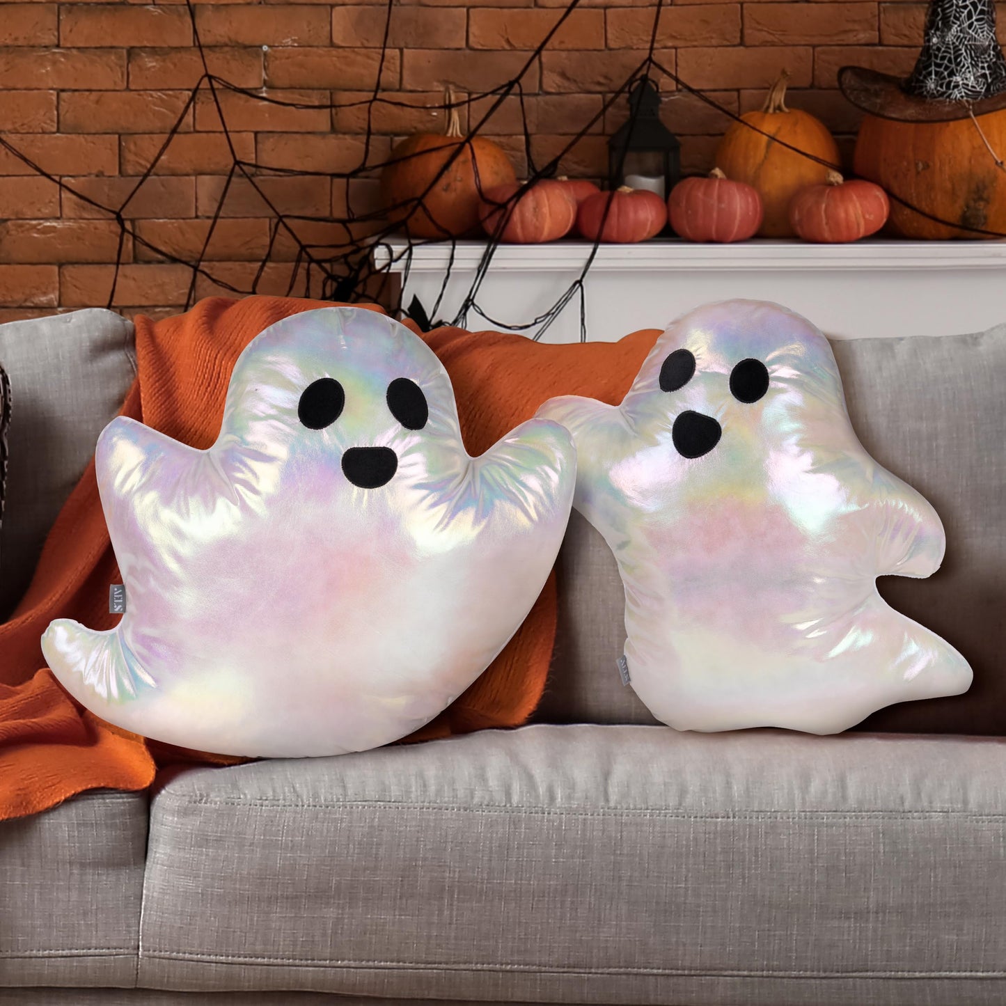 AELS 19.6" Iridescent Ghost Decorative Throw Pillow Set of 2, Ghost Shaped Throw Pillows, Halloween Decorations, Halloween Pillows for Holiday Party Home, Decor for Living Room Bedroom, Rainbow Silver