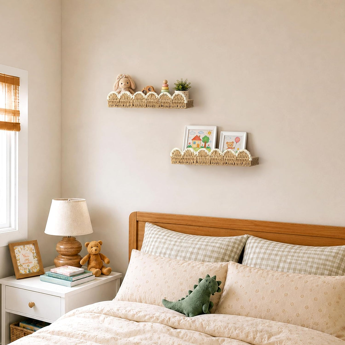 AELS Scalloped Nursery Bookshelf Set of 2, Woven Rattan Wall Shelf Beige