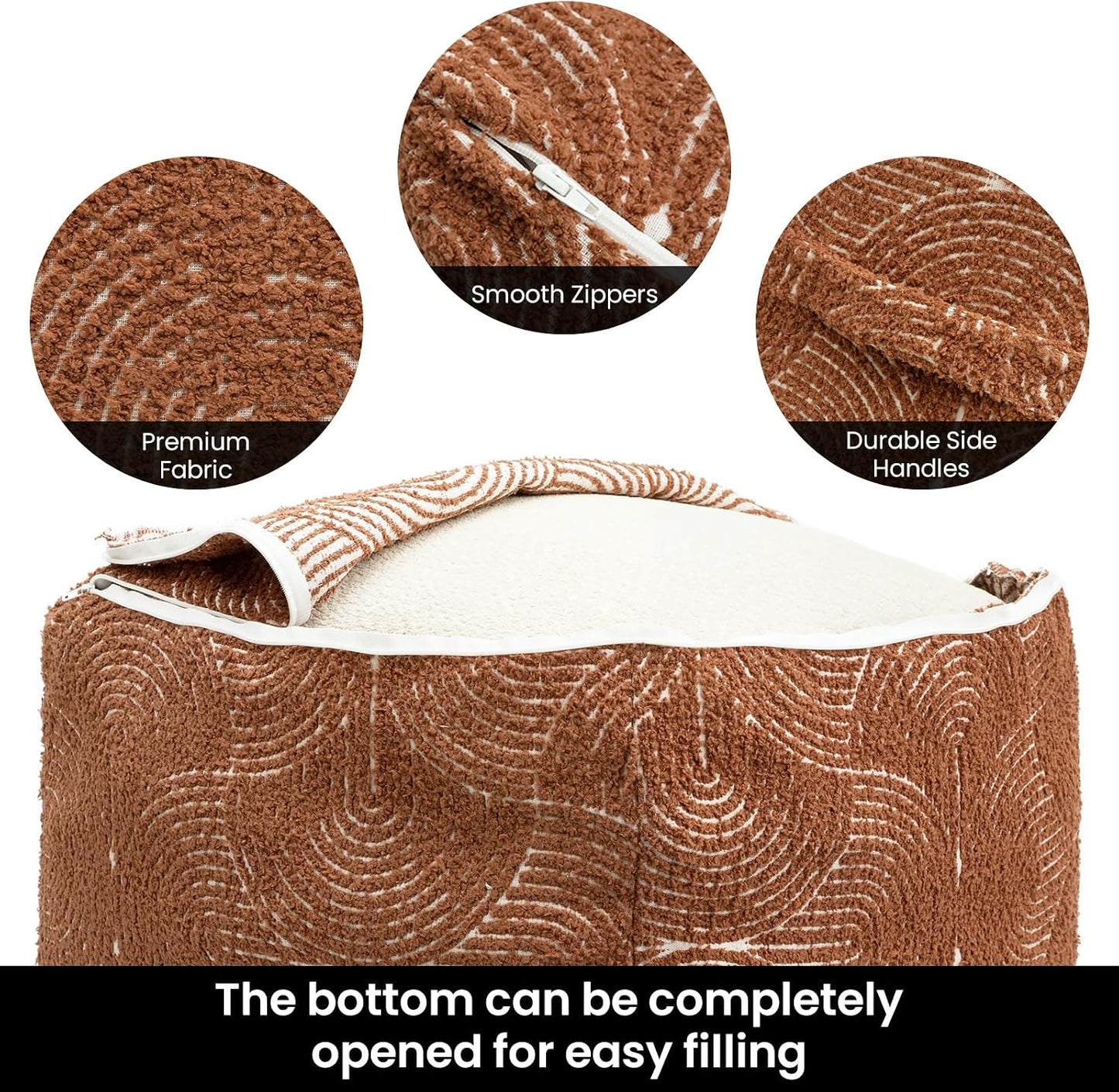 Unstuffed Boho Textured Pouf Cover, Organic Modern Mid Century Rainbow Tufted Storage Bean Bag Cubes, Farmhouse Square Ottoman Pouf Foot Rest Footstool, 18"x18"x18", Cover ONLY, Burnt Orange