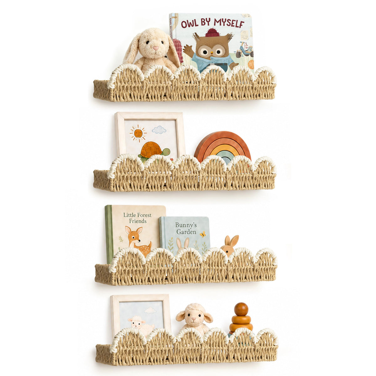 AELS Scalloped Nursery Bookshelf Set of 2, Woven Rattan Wall Shelf Beige