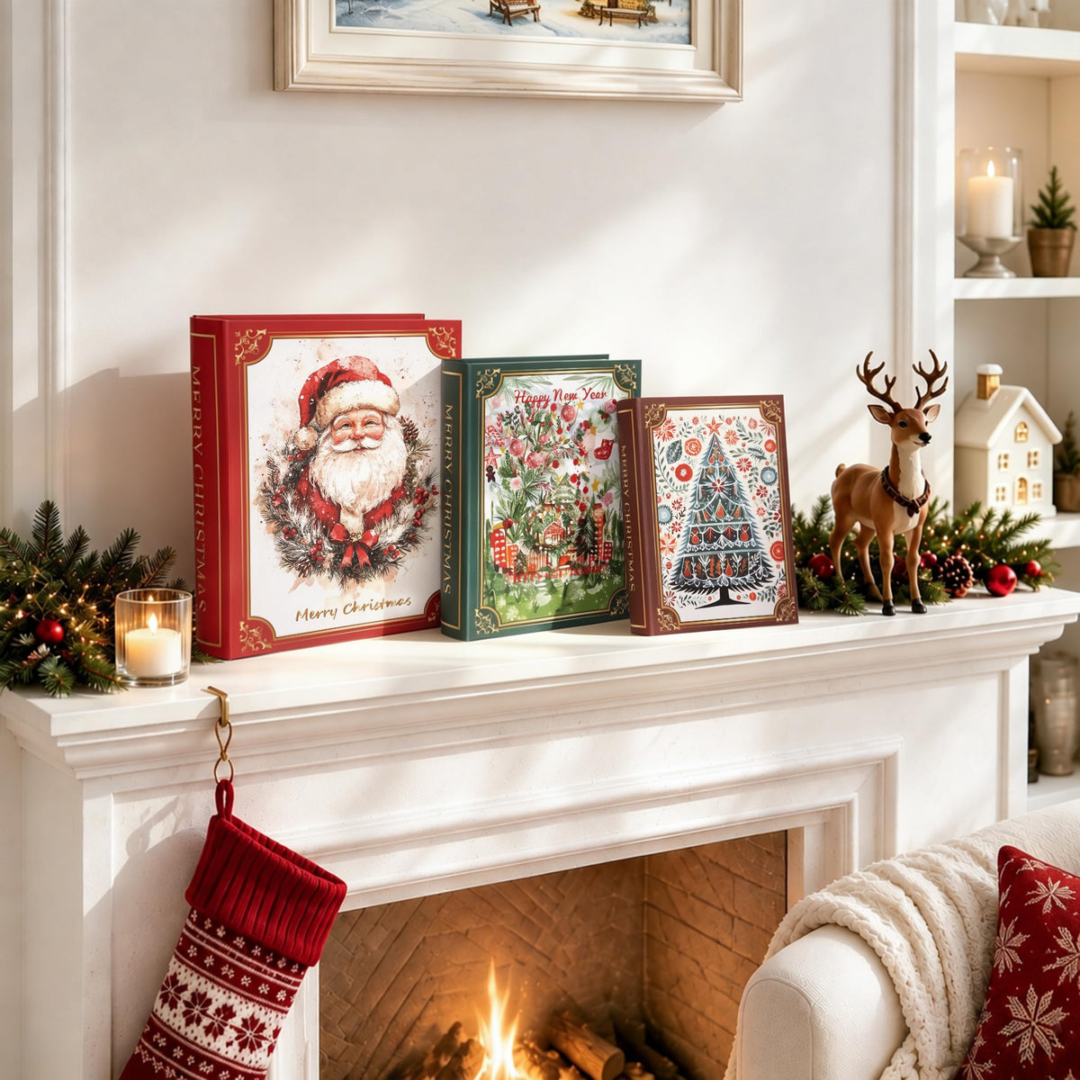 AELS 3 Pcs Christmas Decorative Books for Home Decor with Hidden Storage, Stackable Faux Book Boxes for Coffee Table Bookshelf, Hardcover Classic Xmas Mantel & Shelf Decor (8", 7", 6")