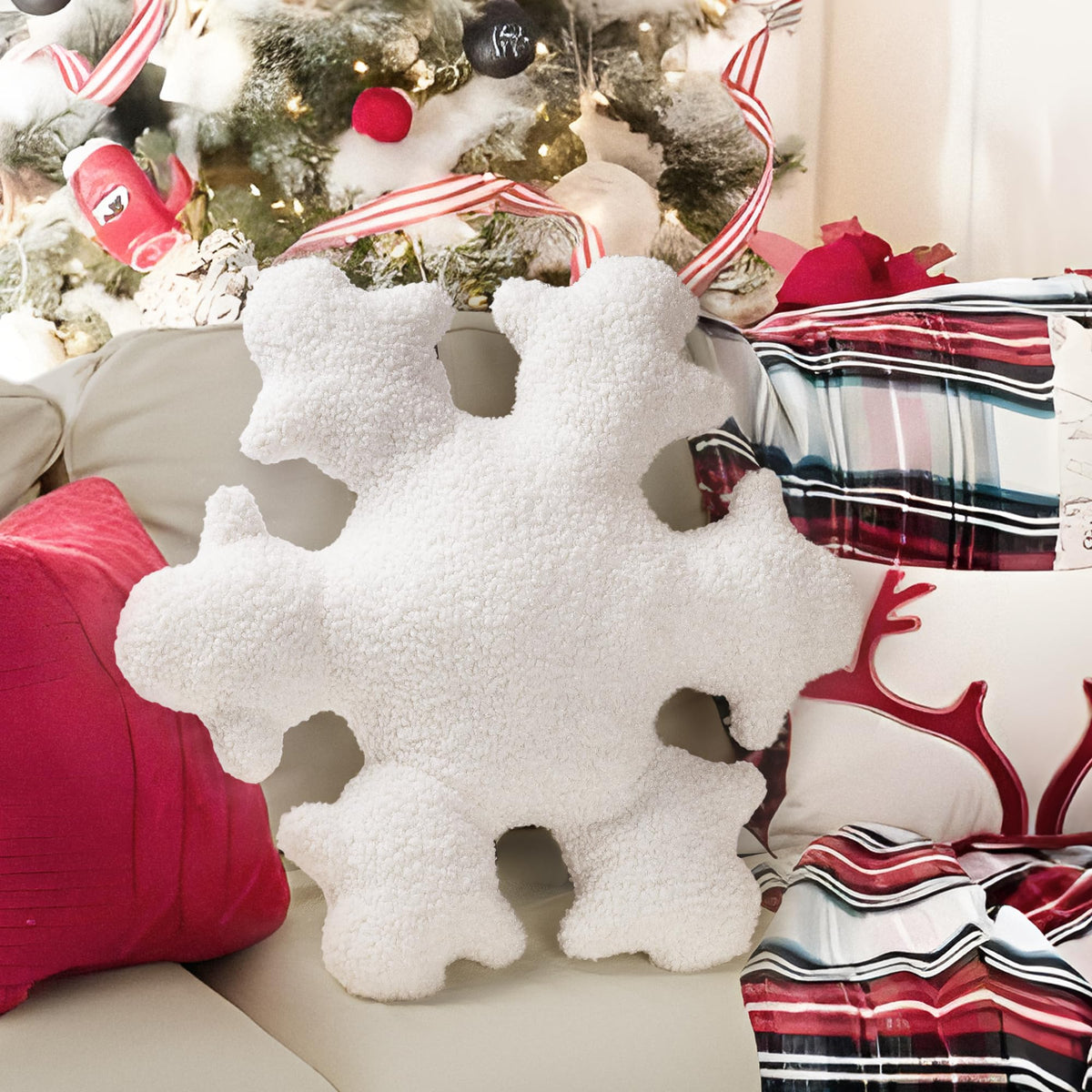 AELS Set of 2 Snowflake Christmas Faux Fur Decorative Throw Pillows, White