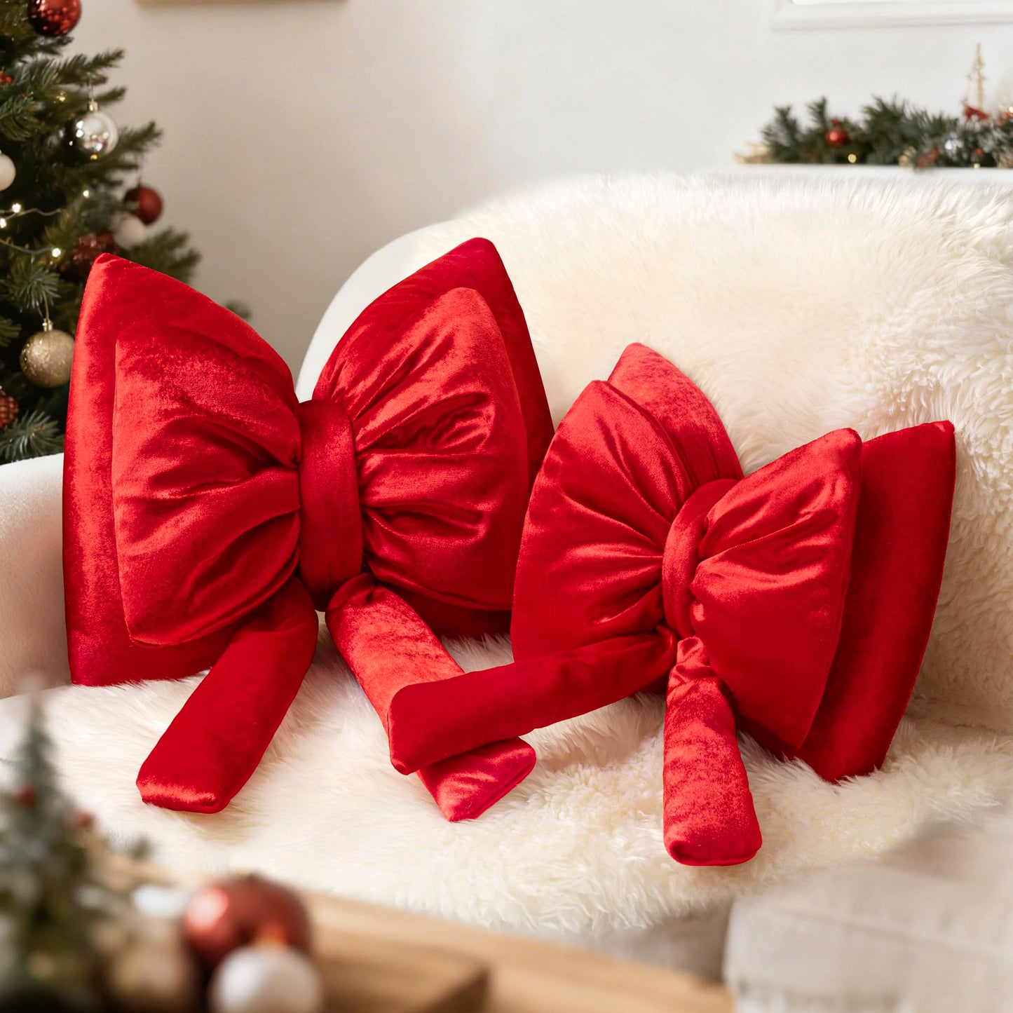 AELS Bow Pillow Decorative Throw Pillow, Shining Velvet Cute Pillow, 15.3"" & 13.7"" for Valentine's Day, Wedding, Christmas, Living Room, Bedroom, Nursery Decor, Red