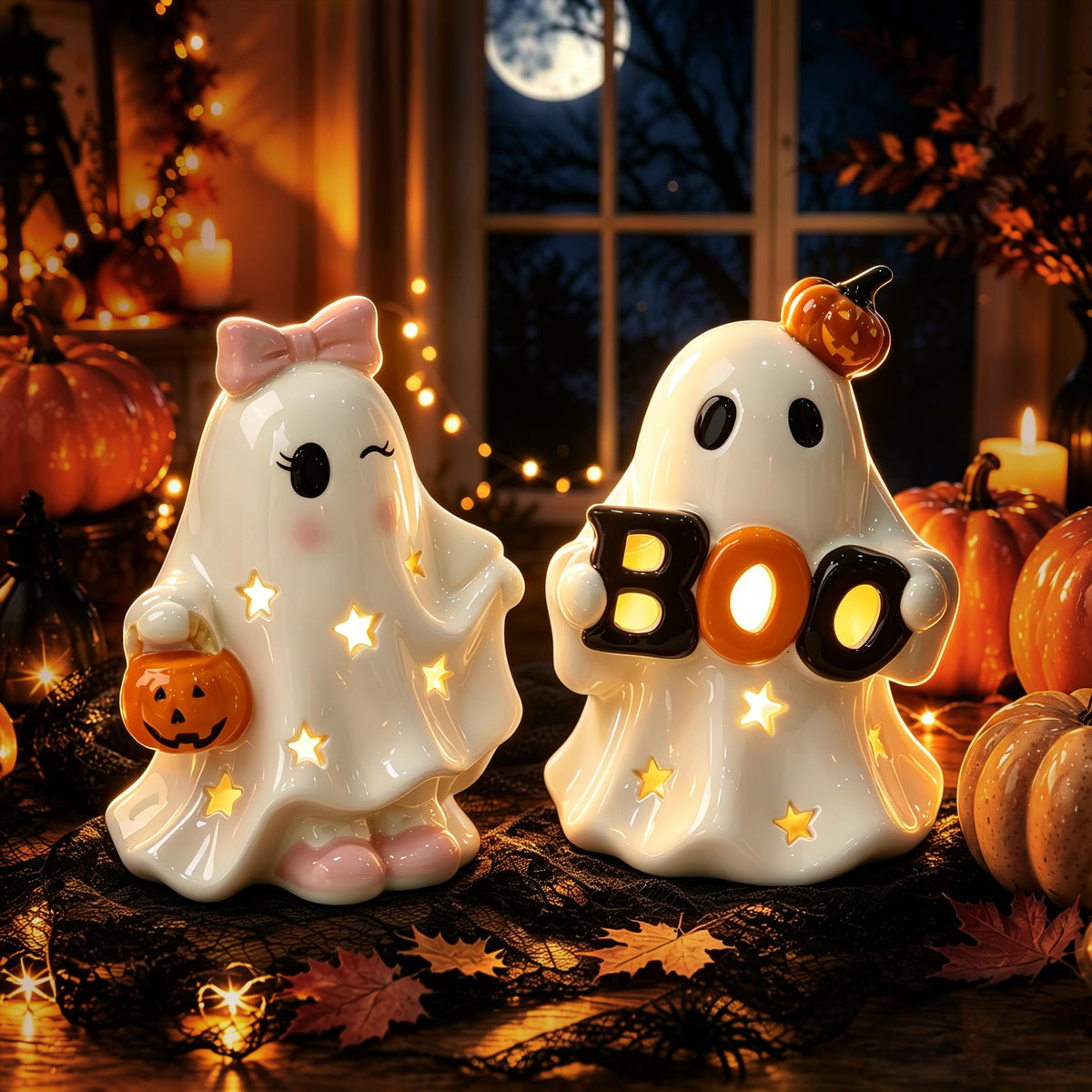 AELS Ceramic Ghost Candle Holder Set of 3, Halloween Tea Light Decor