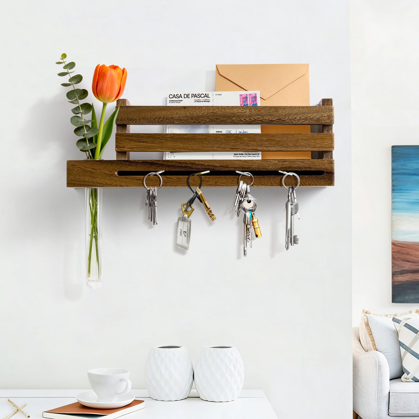 Black Wall Mounted Key Holder with Acrylic Vase & Mail Organizer, Wooden Entryway Key Rack with 5.9" Test Tube Vase, Decorative Key Hanger with Slot for Keys and Letters, Gift Idea