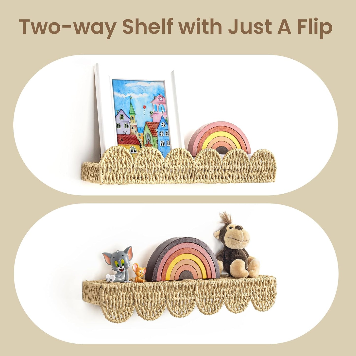Scalloped Nursery Bookshelf, Set of 2, Picture Ledge Shelf for Wall Decor, Woven Straw Paper Floating Shelves for Books, Toys, Photo Frames, Nursery, Boho Modern Farmhouse Book Shelf, Beige
