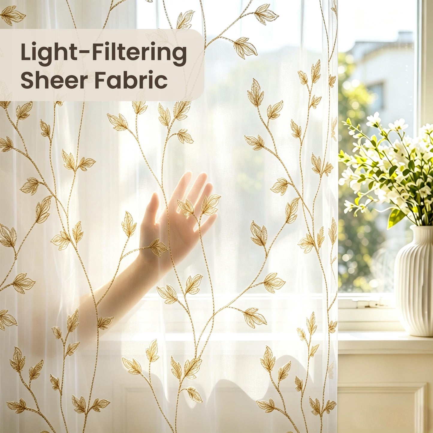 Semi White Sheer Curtains 84 Inches Long 2 Panels Set, White Stem | Embroidered Leaf Patterned Voile Window Treatments for Living Room Bedroom, Airy Light Filtering Grommet Curtains 52"W x 84"L