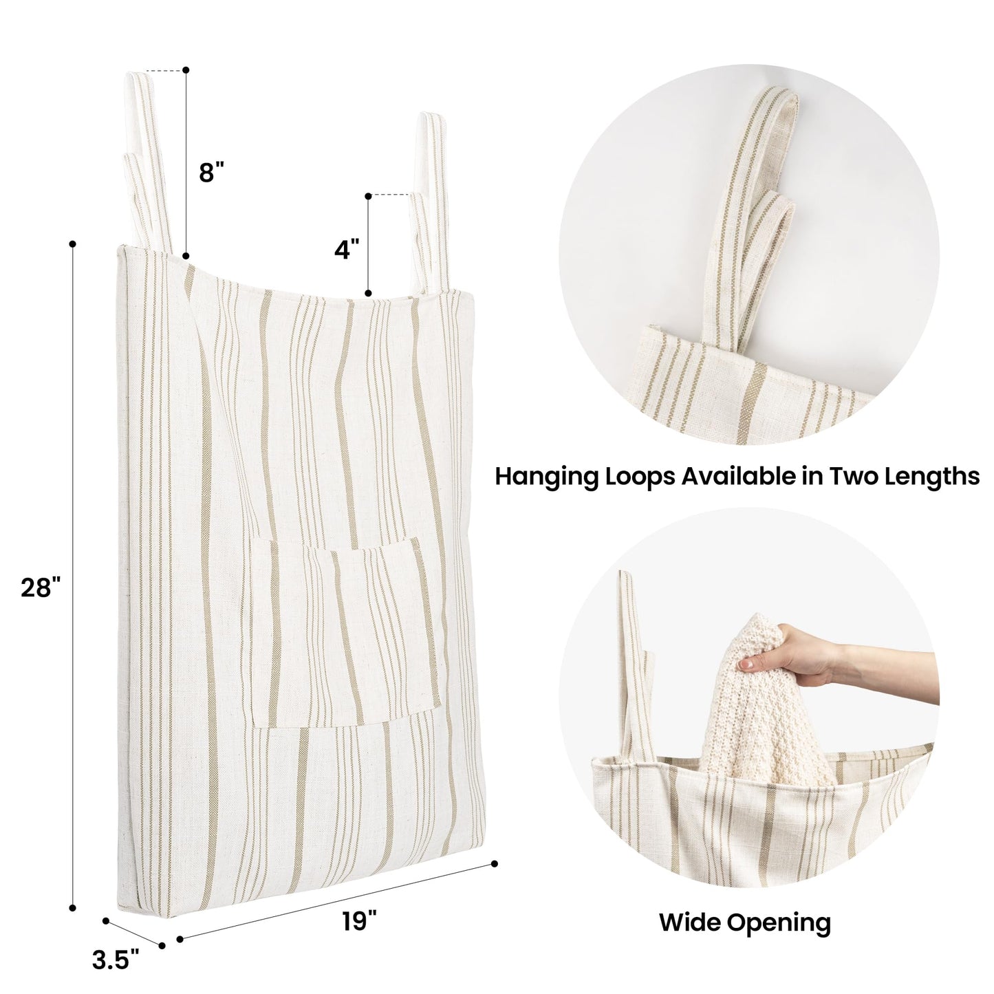 Farmhouse Hanging Laundry Hamper with 2 Hooks, Washable Beige & Stripes Laundry Bag with Zipper & Wide Open Top, Over the Door Organizer for Dirty Clothes, Space Saving Storage