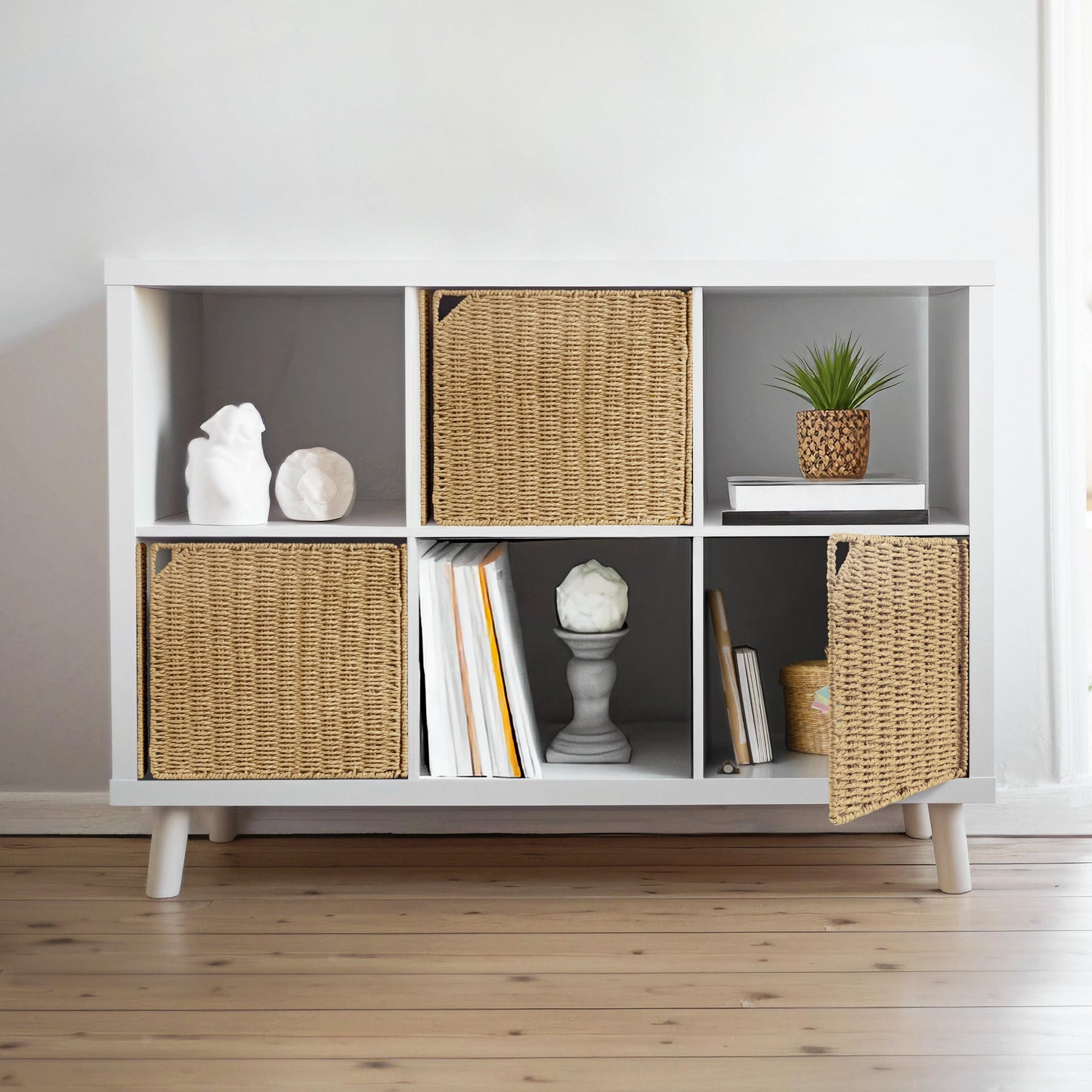 11" Handwoven Natural Fibre Doors for Cube Storage Shelf, Set of 3, Boho Straw Shelf Cover for Small Bookcase & Open Bookshelf, Rustic Farmhouse Home Decor, Beige (Door ONLY)
