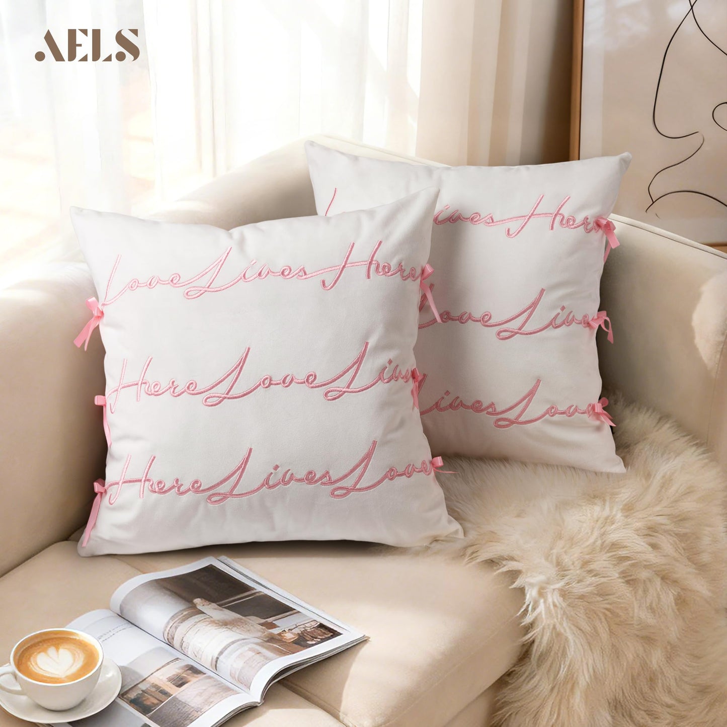 AELS Bow Pillow Cover, Text Design Velvet Bowknot Decorative Pillow Covers for Valentine's Day, Wedding, Christmas, Living Room, Bedroom, Nursery Decor, 18x18 Inch, Love Lives Here, Pink Cream White