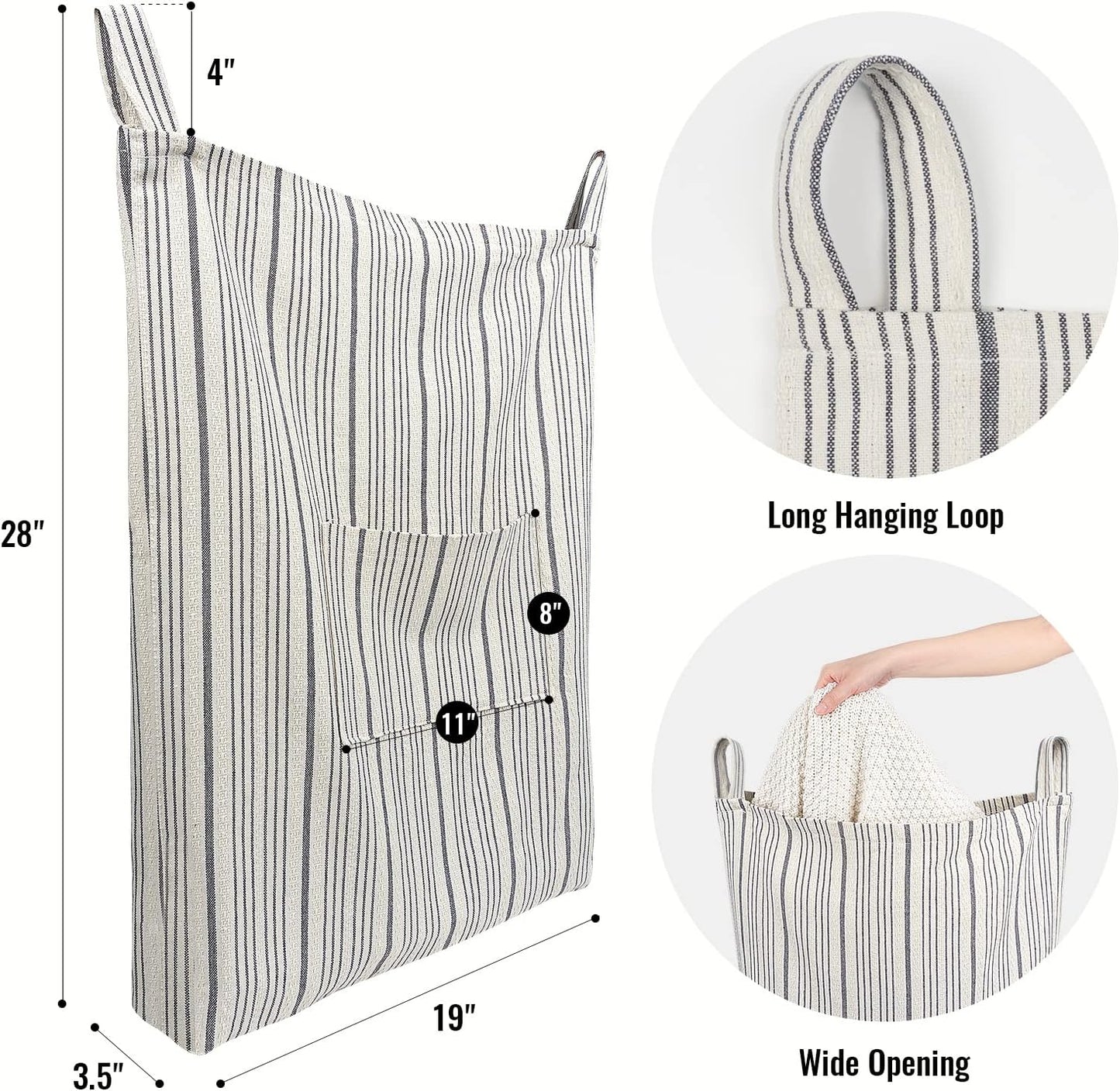 Farmhouse Hanging Laundry Hamper with 2 Hooks, Washable Beige & Stripes Laundry Bag with Zipper & Wide Open Top, Over the Door Organizer for Dirty Clothes, Space Saving Storage
