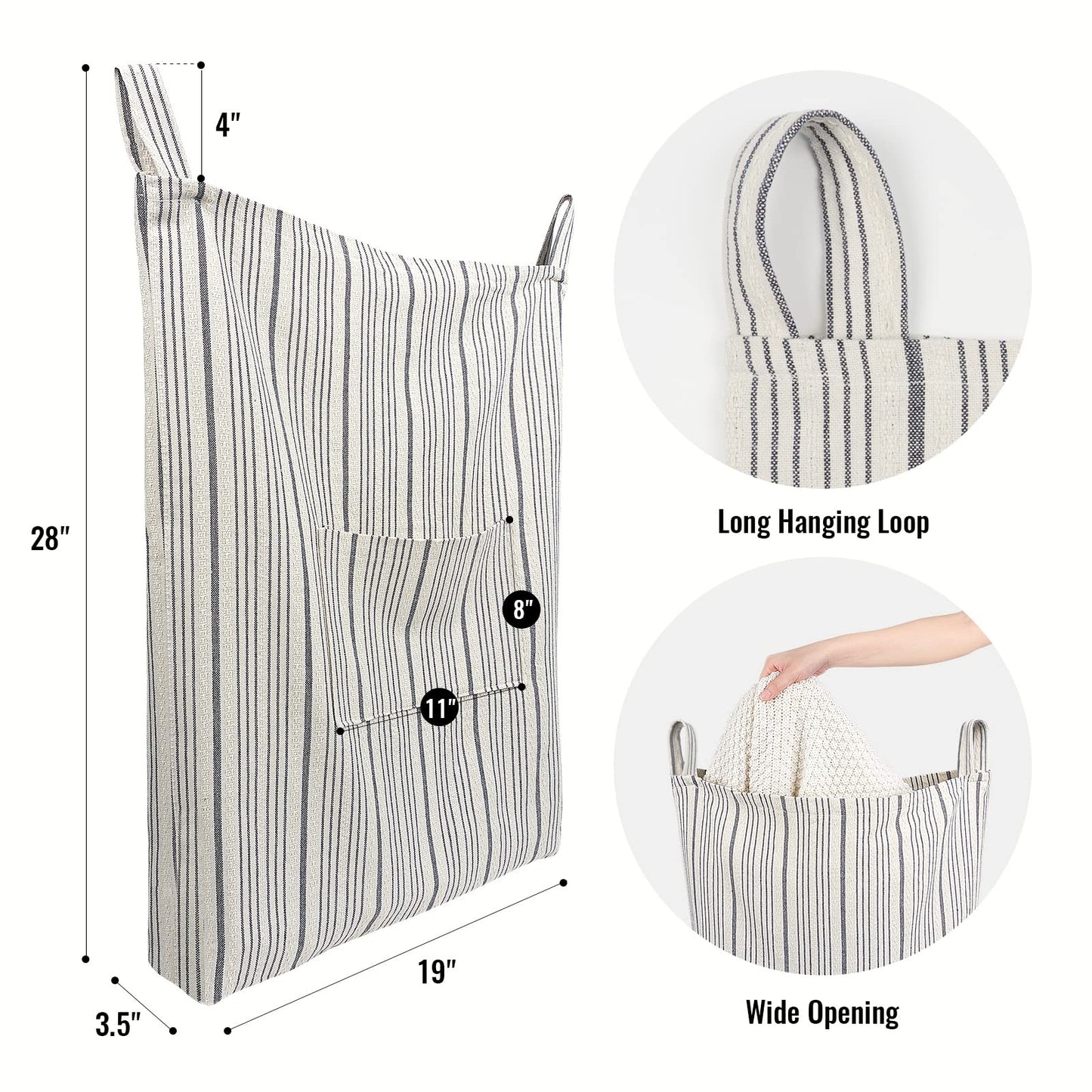 AELS Farmhouse Hanging Laundry Hamper with 2 Hooks, Washable Beige & Stripes Laundry Bag with Zipper & Wide Open Top, Over the Door Organizer for Dirty Clothes, Space Saving Storage