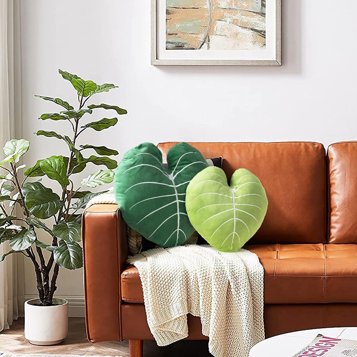 AELS Set of 2 3D Leaves Decorative Throw Pillows, 23.6"& 19" Alocasia Frydek Plush Pillow Set for Plant Lovers Garden Lovers, Living Room Bedroom Nursery Decor, Light Green & Dark Green