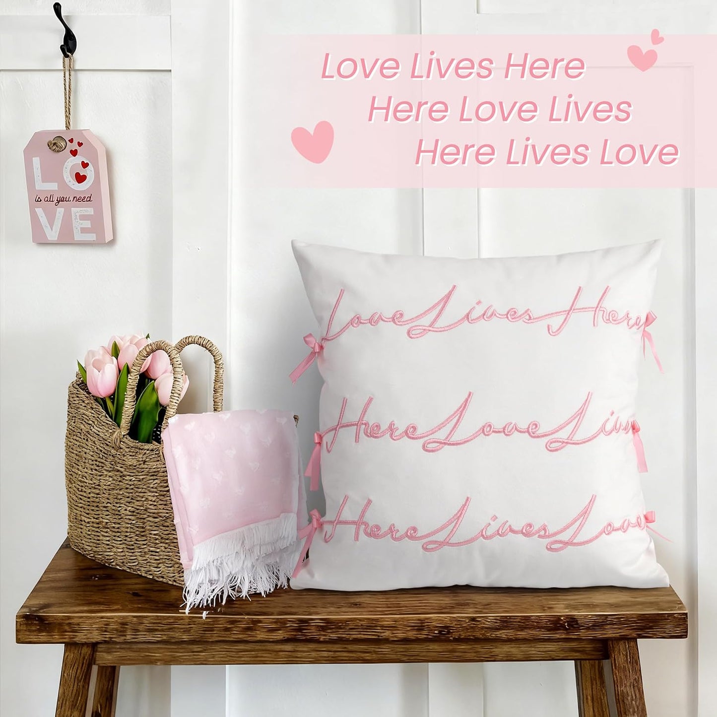 Bow Pillow Cover, Text Design Velvet Bowknot Decorative Pillow Covers for Valentine's Day, Wedding, Christmas, Living Room, Bedroom, Nursery Decor, 18x18 Inch, Love Lives Here, Pink Cream White