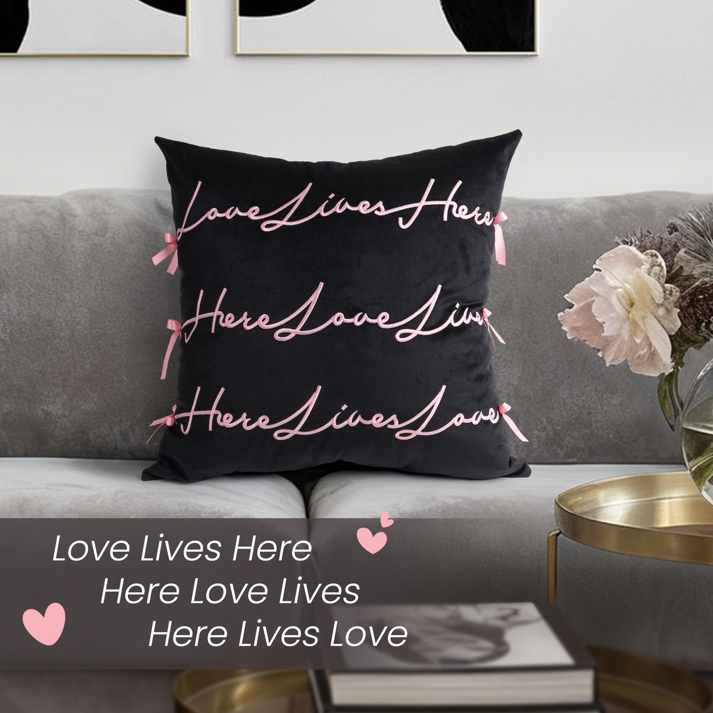Bow Pillow Cover, Text Design Velvet Bowknot Decorative Pillow Covers for Valentine's Day, Wedding, Christmas, Living Room, Bedroom, Nursery Decor, 18x18 Inch, Love Lives Here, Pink Cream White