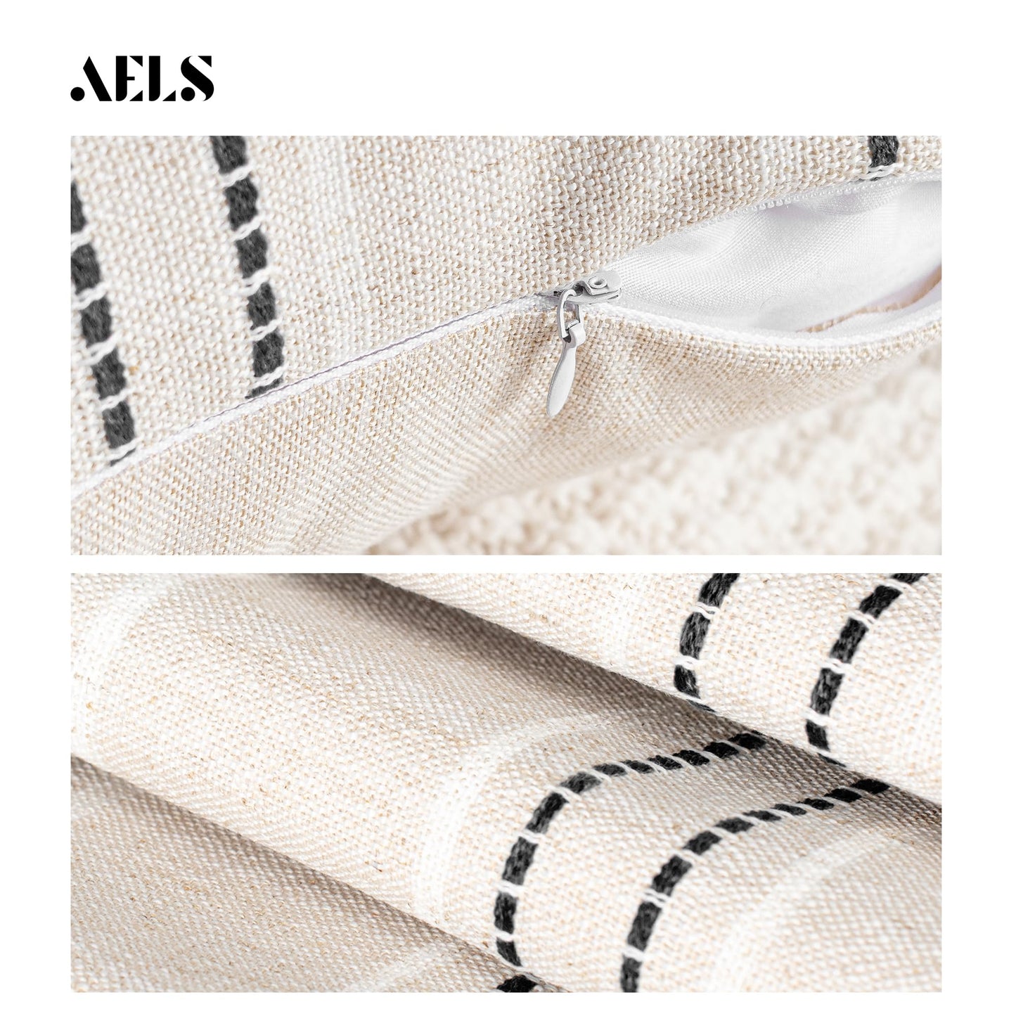 AELS 12x20 Decorative Farmhouse Linen Throw Pillow Covers, Boho Rectangle Lumbar Pillow Case, Set of 2, Beige with White & Gray Stripe Patchwork Cushion Cover for Sofa Couch Living Room (Cover ONLY)
