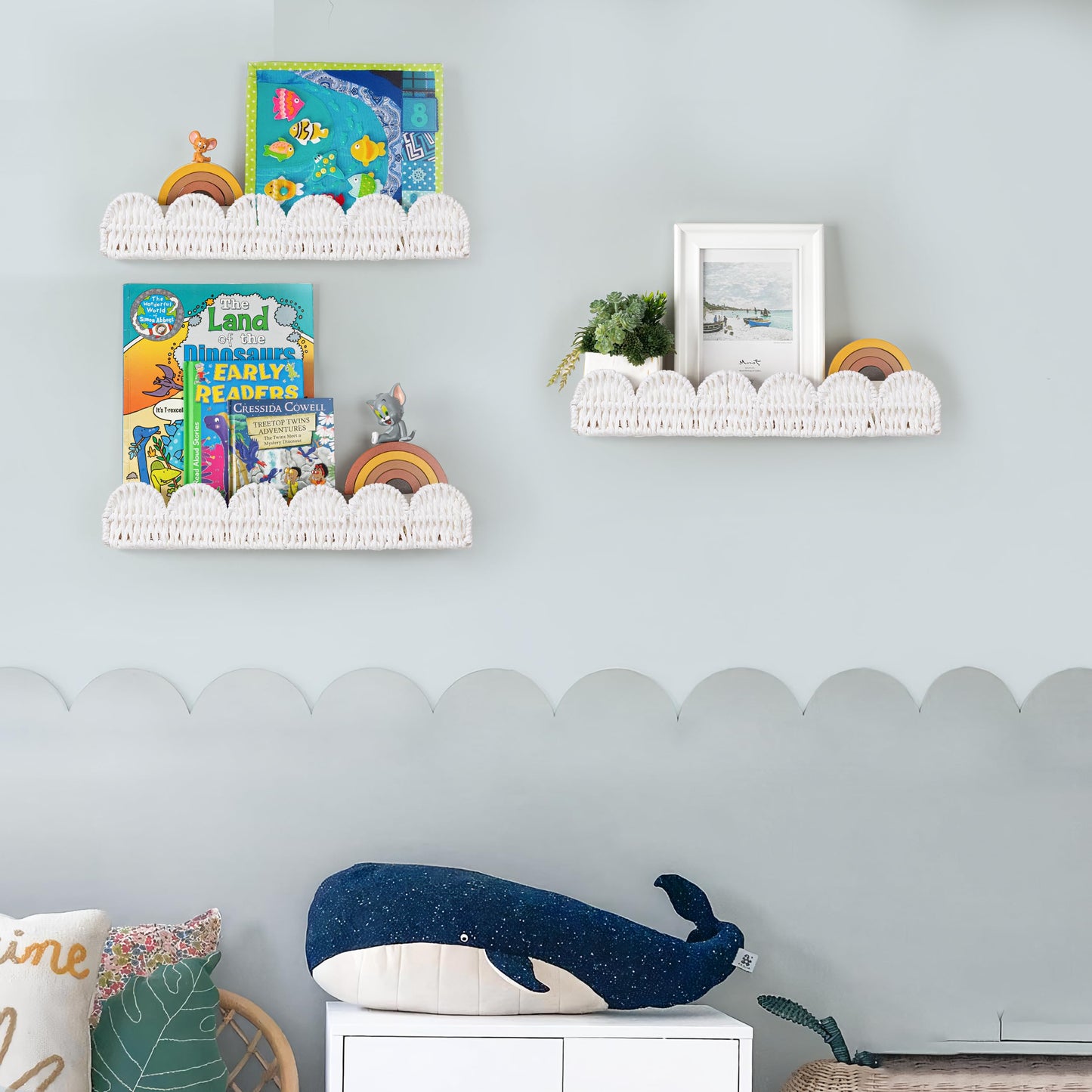 AELS Scalloped Nursery Bookshelf, Set of 2, Picture Ledge Shelf for Wall Decor, Woven Straw Paper Floating Shelves for Books, Toys, Photo Frames, Nursery, Boho Modern Farmhouse Book Shelf, Beige