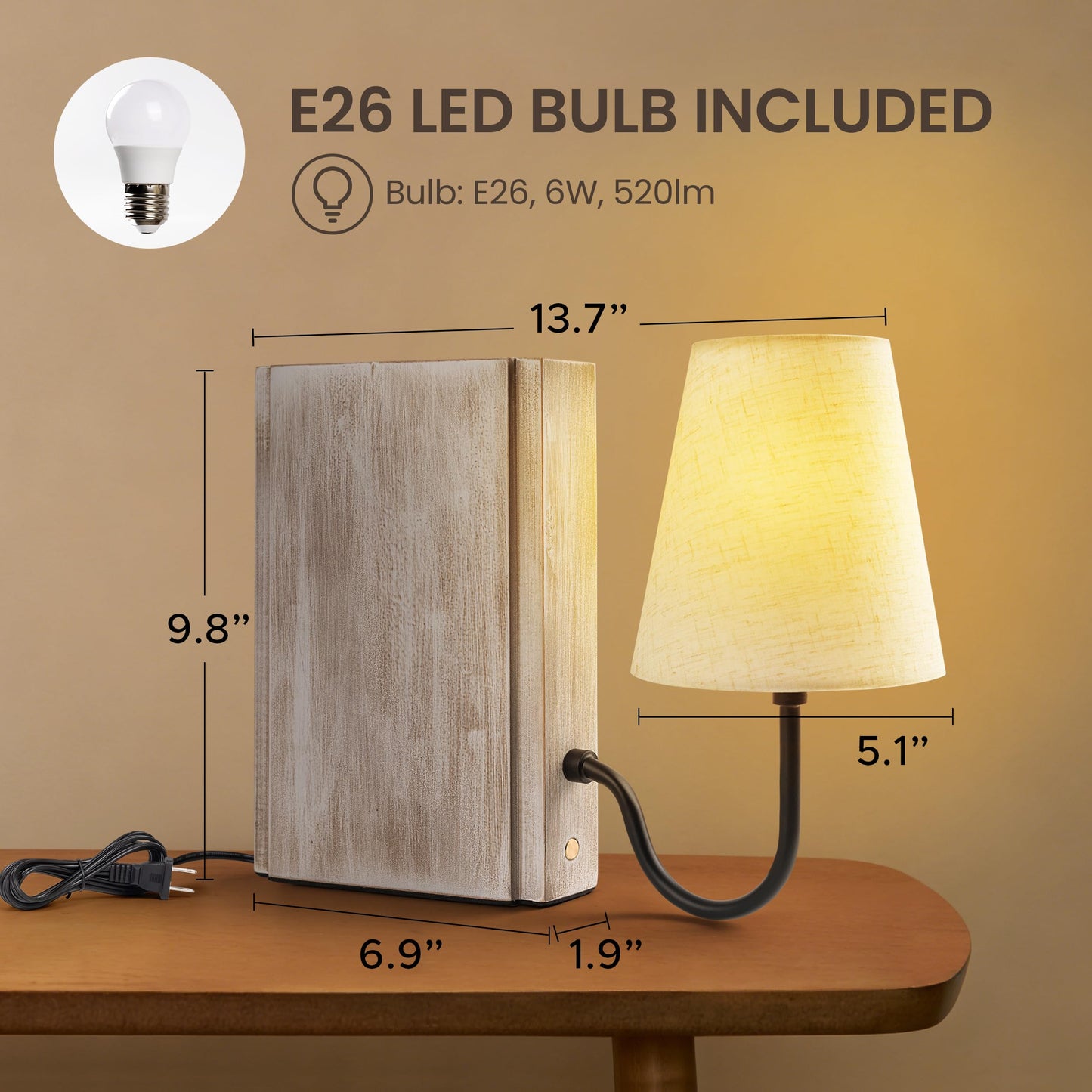AELS Wooden Bookshelf Lamp with Bulb, Cordless Touch Dimmable Table Lamp with Linen Fabric Shade, Battery Operated, Modern Decorative Bookend, Book Sconce for Office Home Bedroom Bookshelf, Natural