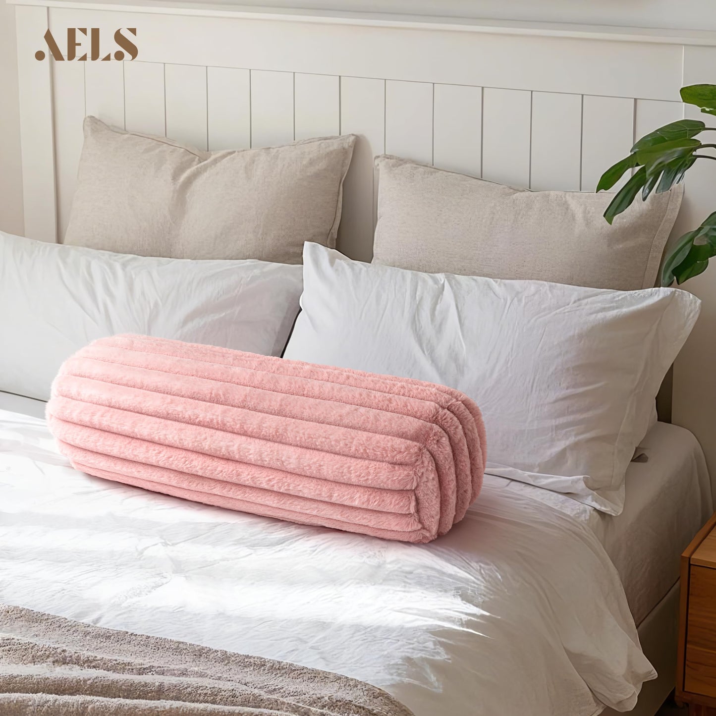AELS Faux Fur Striped Cylinder Pillows, 8" x 24" Decorative Modern Bolster Pillows with Removable Washable Cover and Insert, Body Pillow for Couch and Bed, Living Room Bedroom Nursery Decor, White