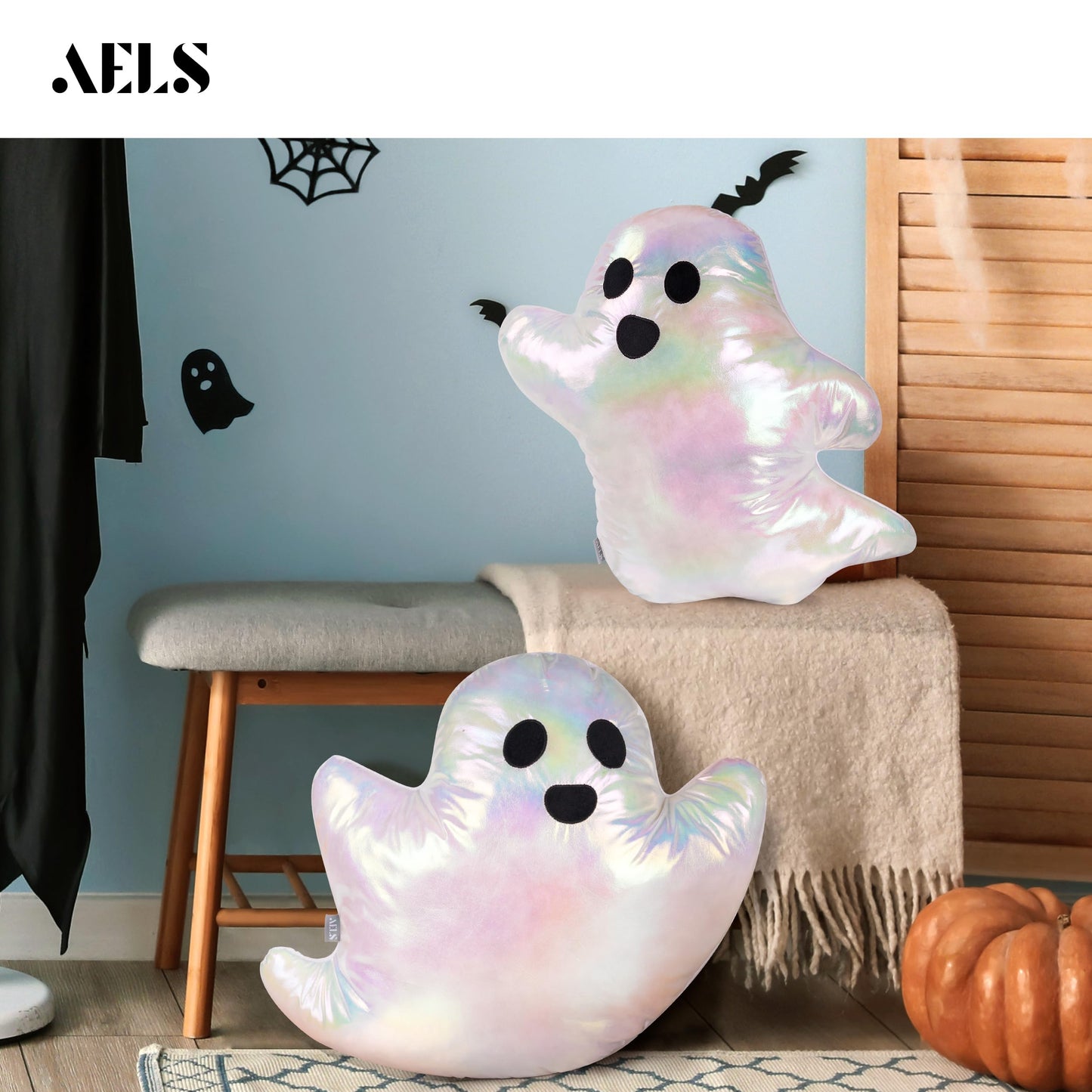 AELS 19.6" Iridescent Ghost Decorative Throw Pillow Set of 2, Ghost Shaped Throw Pillows, Halloween Decorations, Halloween Pillows for Holiday Party Home, Decor for Living Room Bedroom, Rainbow Silver