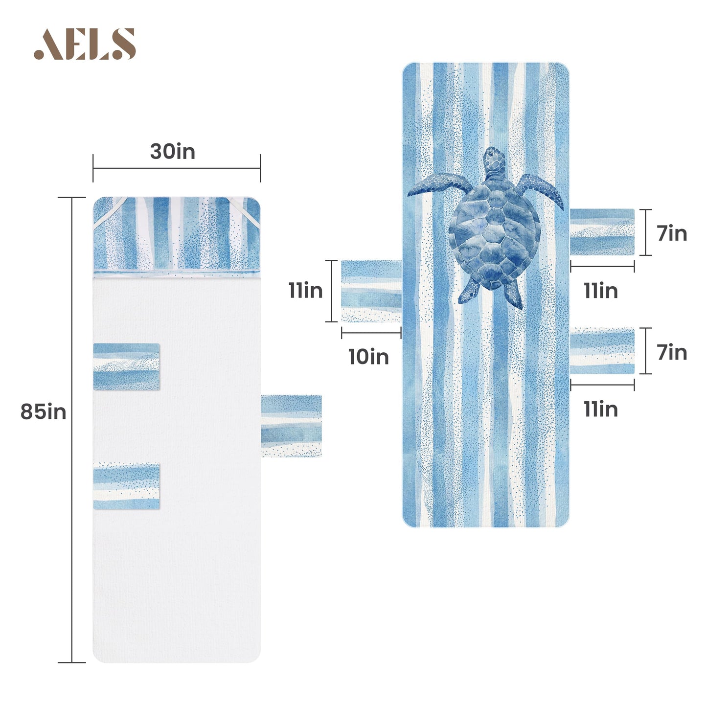 AELS Lounge Chair Towel Cover, Pack of 2 - Microfiber Beach Towels with Pockets, Fits Outdoor Garden Beach Hotel Pool Chairs, Non-Slip & Portable Design, 85" X 30", Sea Turtle Blue Stripe