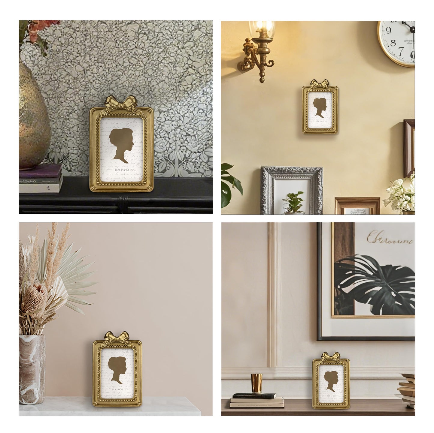 AELS 4x4 Inch Heart Shaped Vintage Picture Frame, Elegant Antique Bow Photo Frames with Glass Front, Photo Display, Tabletop Wall Hanging, Gift Ideas, Golden Bronze
