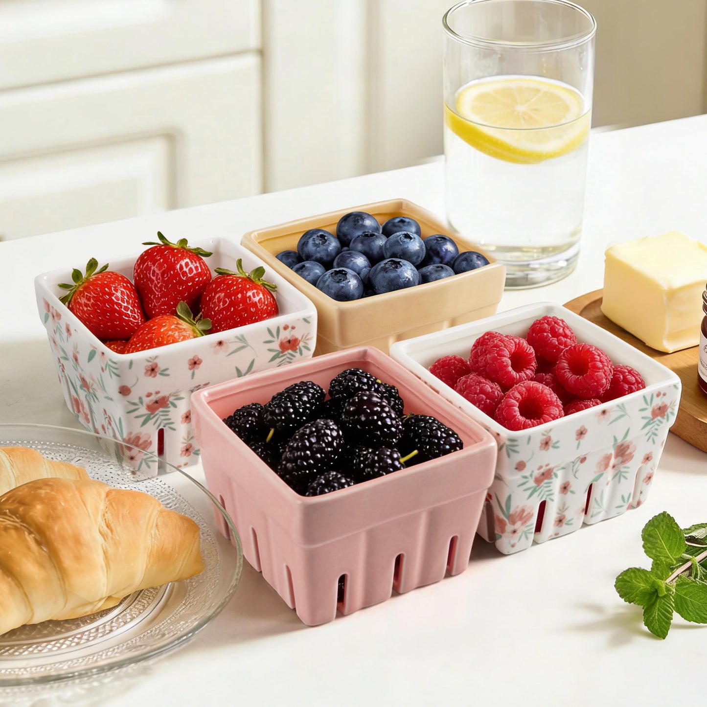 AELS Ceramic Berry Basket, Farmhouse Fruit Bowl Container for Fruit & Vegetables, Farmers Market, Kitchen Decor, Stoneware Harvest Bowls, Set of 4, Navy Blueberry