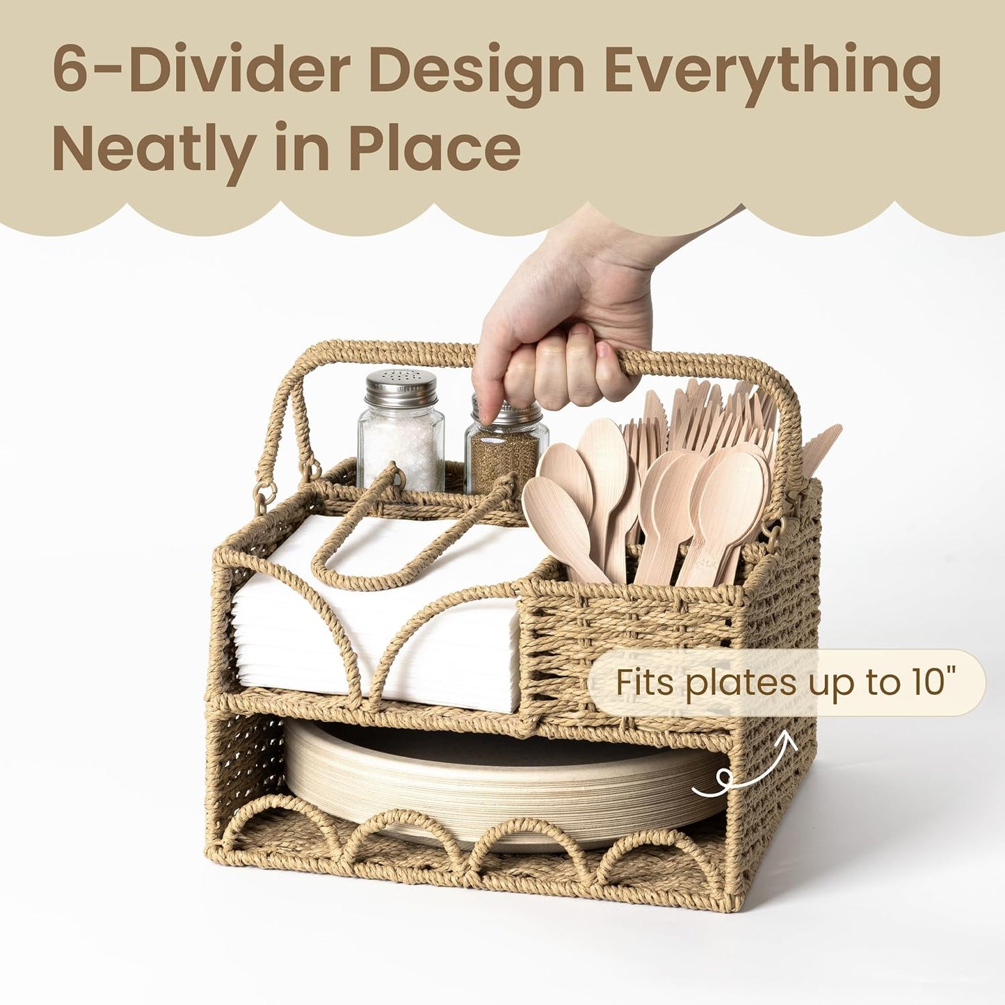 Woven Rattan Utensil Caddy with Handle, Silverware Holder for Napkins, Cutlery, Condiments & Picnic Supplies, Multipurpose Flatware Organizer for Kitchen, Dining, Buffet, BBQ & Party