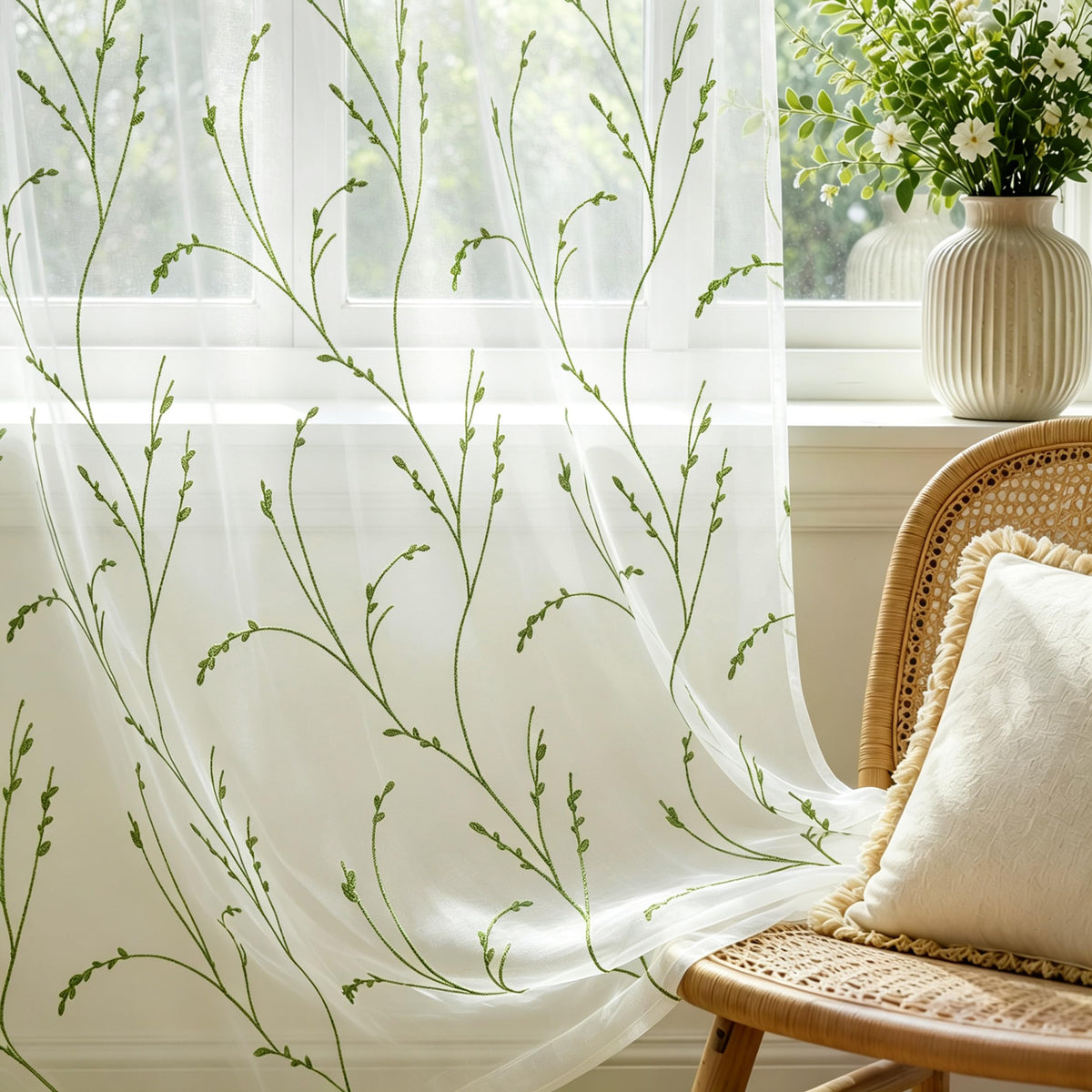 AELS Embroidered Sheer Curtains 84 Inches Long 2 Panels Set, Green Leaf