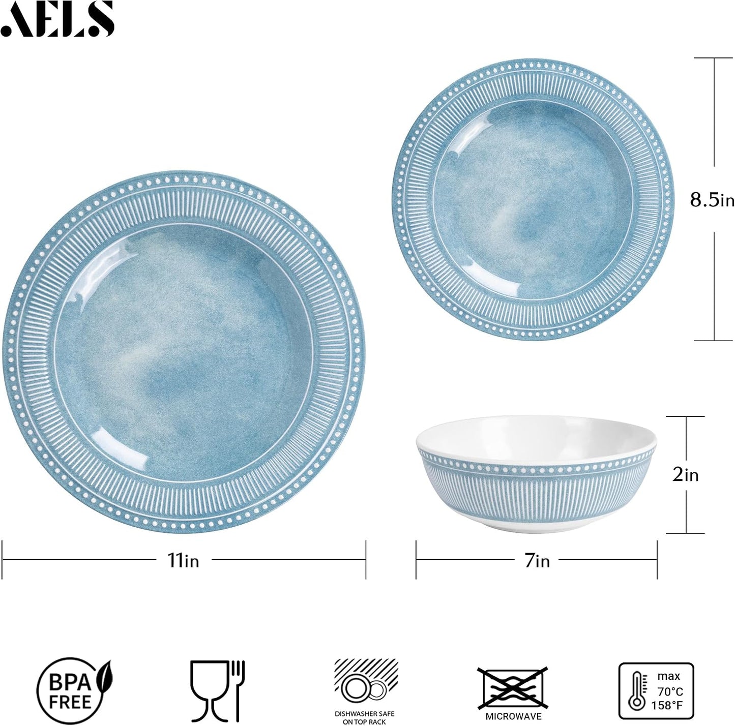 Melamine Dinnerware Set of 12 Pcs, Dinner Dishes Set for Indoor and Outdoor Use, Melamine Plates and Bowls Set for 4, Dishwasher Safe, Lightweight Unbreakable, BPA Free, Blue