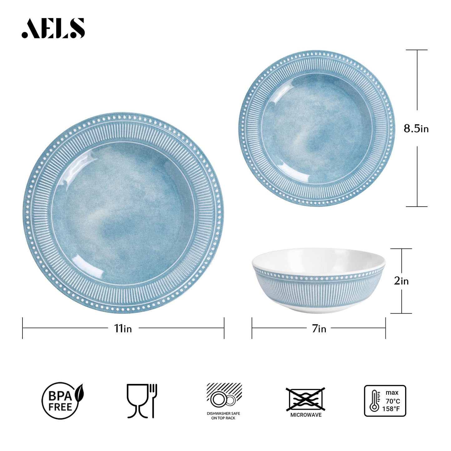 Melamine Dinnerware Set of 12 Pcs, Dinner Dishes Set for Indoor and Outdoor Use, Melamine Plates and Bowls Set for 4, Dishwasher Safe, Lightweight Unbreakable, BPA Free, Blue