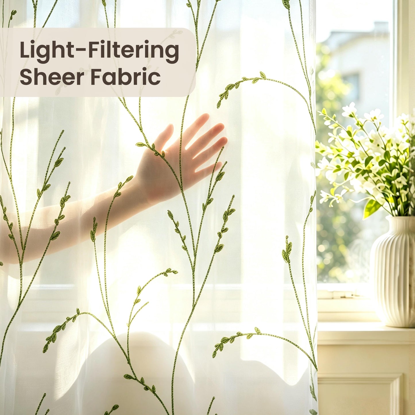 Semi White Sheer Curtains 84 Inches Long 2 Panels Set, White Stem | Embroidered Leaf Patterned Voile Window Treatments for Living Room Bedroom, Airy Light Filtering Grommet Curtains 52"W x 84"L