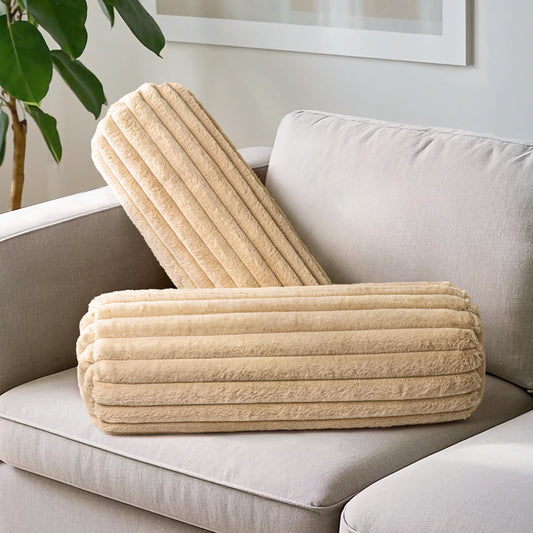 AELS Faux Fur Striped Cylinder Pillows Set of 2, 8" x 24" Decorative Modern Bolster Pillows with Removable Washable Cover & Insert, Body Pillow for Couch Bed, Living Room Bedroom Nursery Decor, White