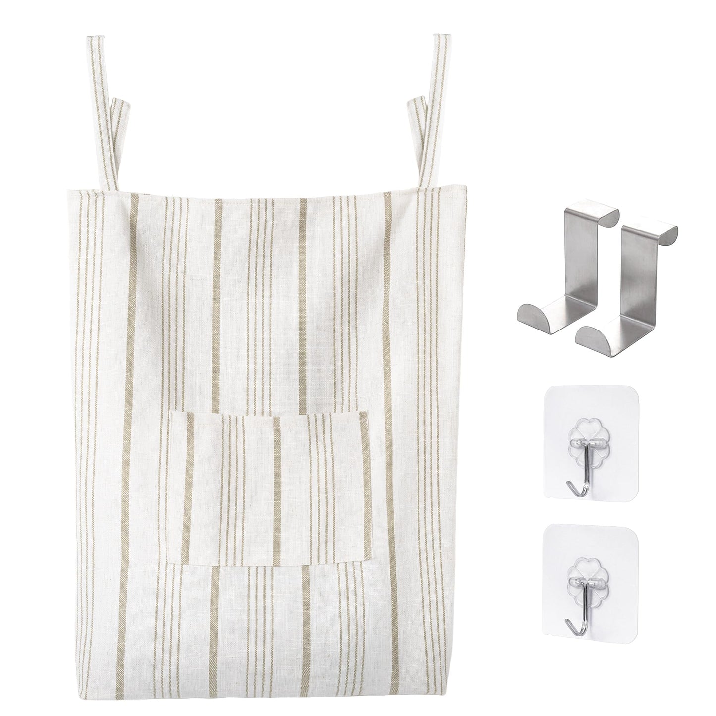 Farmhouse Hanging Laundry Hamper with 2 Hooks, Washable Beige & Stripes Laundry Bag with Zipper & Wide Open Top, Over the Door Organizer for Dirty Clothes, Space Saving Storage