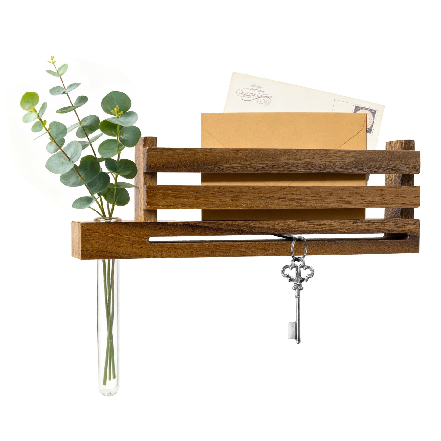 Black Wall Mounted Key Holder with Acrylic Vase & Mail Organizer, Wooden Entryway Key Rack with 5.9" Test Tube Vase, Decorative Key Hanger with Slot for Keys and Letters, Gift Idea