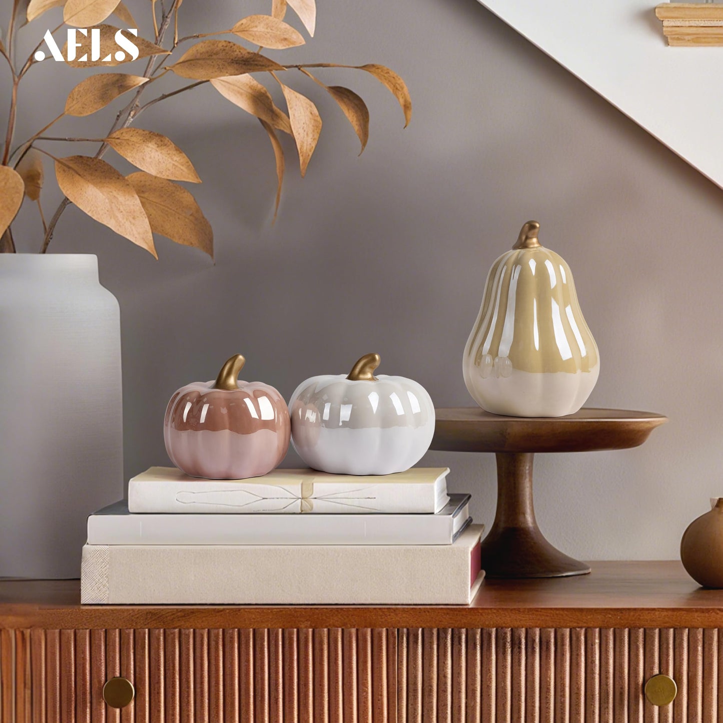 AELS 5.9" Tall Modern Farmhouse Pumpkins Fall Decor Indoor, Set of 2 Elegant Tabletop Decorations, Resin Artificial Pumpkins Decor for Fall Table Runner, Office, Holiday Party Home, White