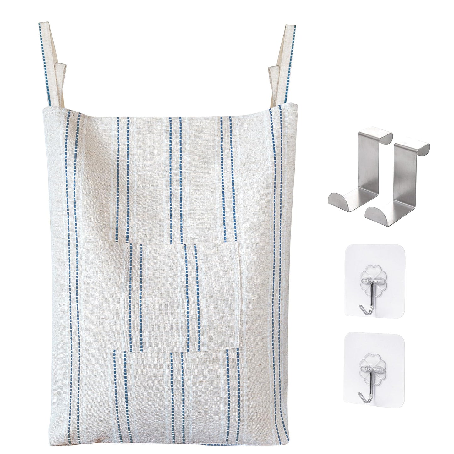 Farmhouse Hanging Laundry Hamper with 2 Hooks, Washable Beige & Stripes Laundry Bag with Zipper & Wide Open Top, Over the Door Organizer for Dirty Clothes, Space Saving Storage