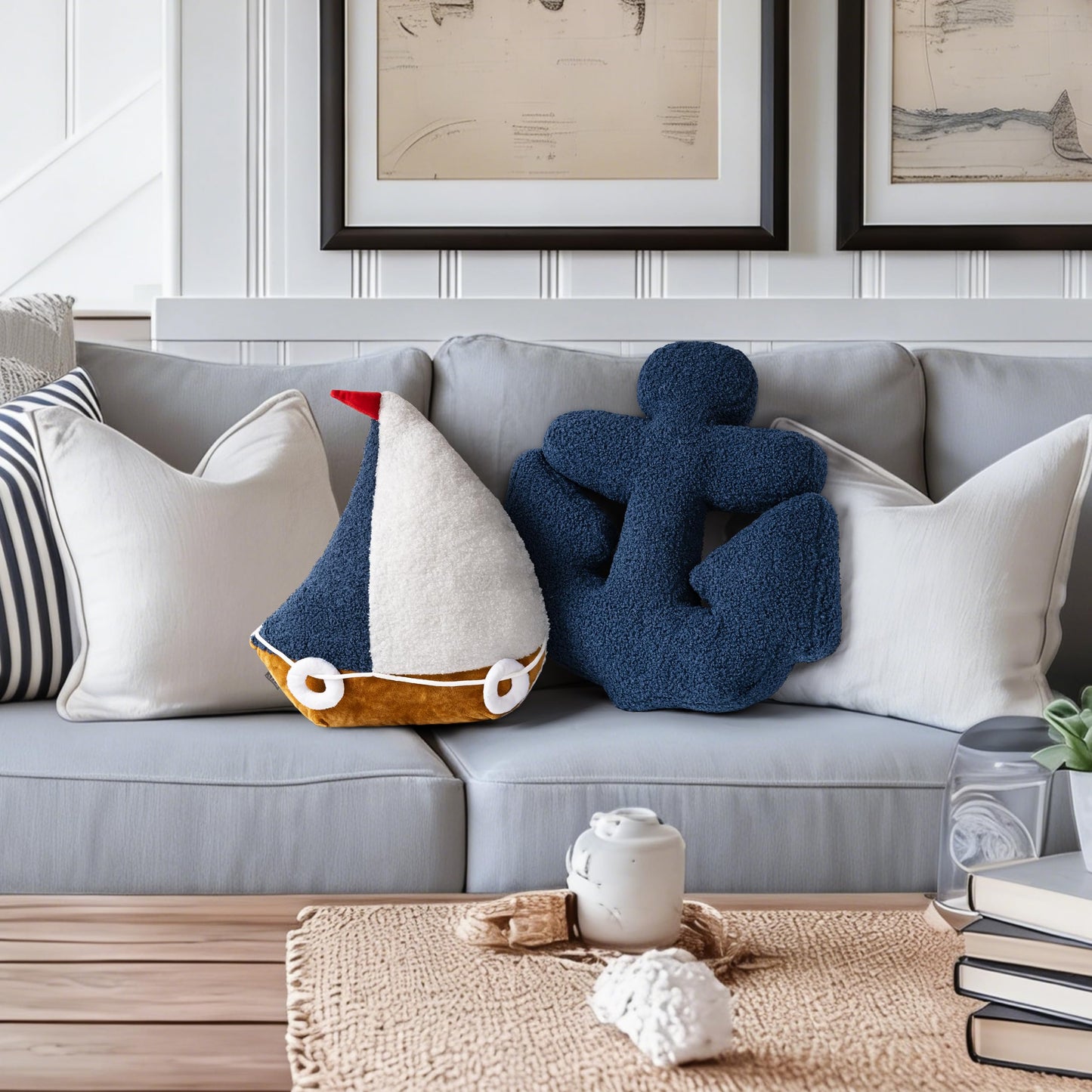 AELS 3D Anchor & Lifebuoy Nautical Decorative Throw Pillows, 19.6"& 15.7" Set of 2, Coastal Decor for Beach Enthusiasts Beach House, Sofa Couch Living Room Bedroom and Nursery, Navy Blue and White