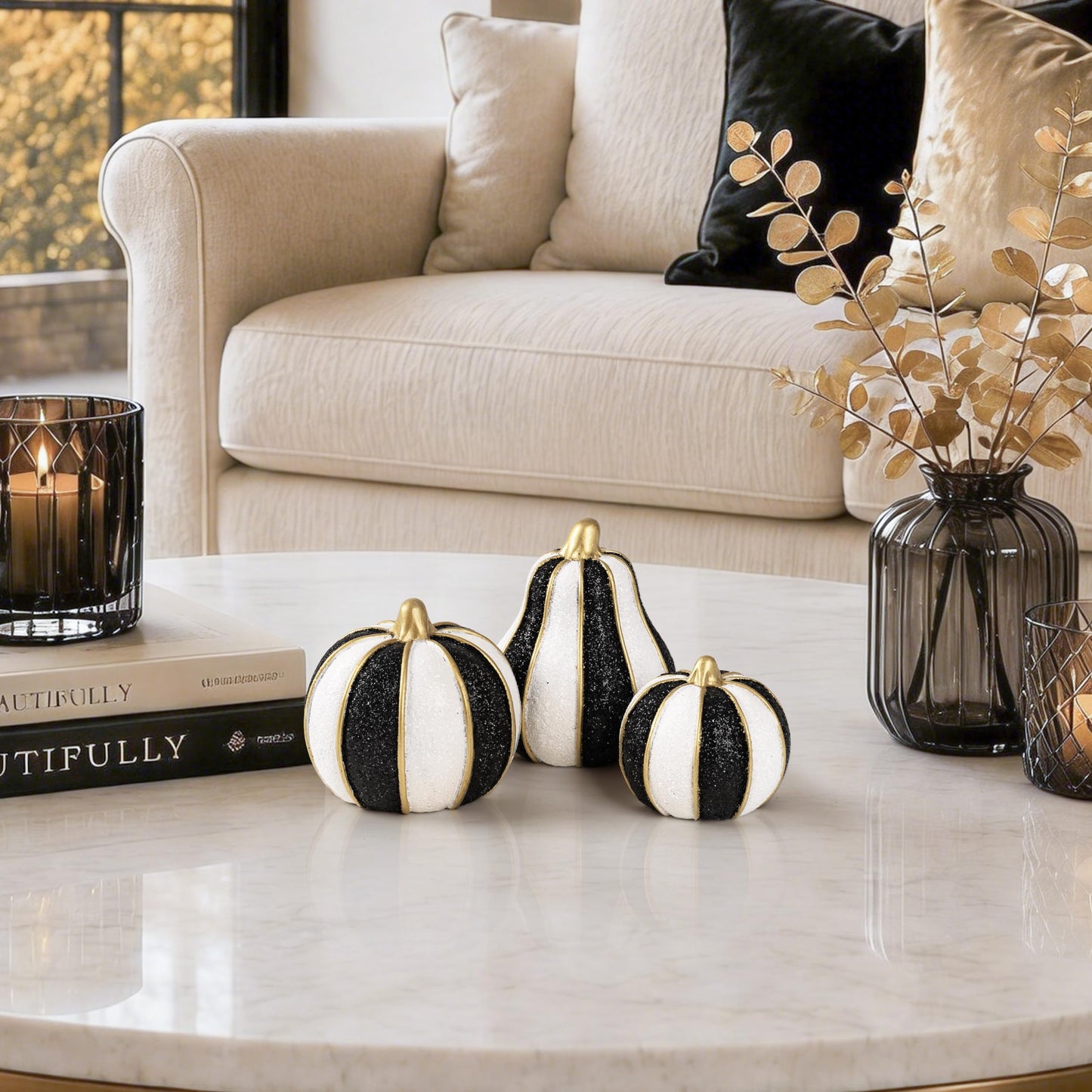 AELS 5.9" Tall Modern Farmhouse Pumpkins Fall Decor Indoor, Set of 2 Elegant Tabletop Decorations, Resin Artificial Pumpkins Decor for Fall Table Runner, Office, Holiday Party Home, White