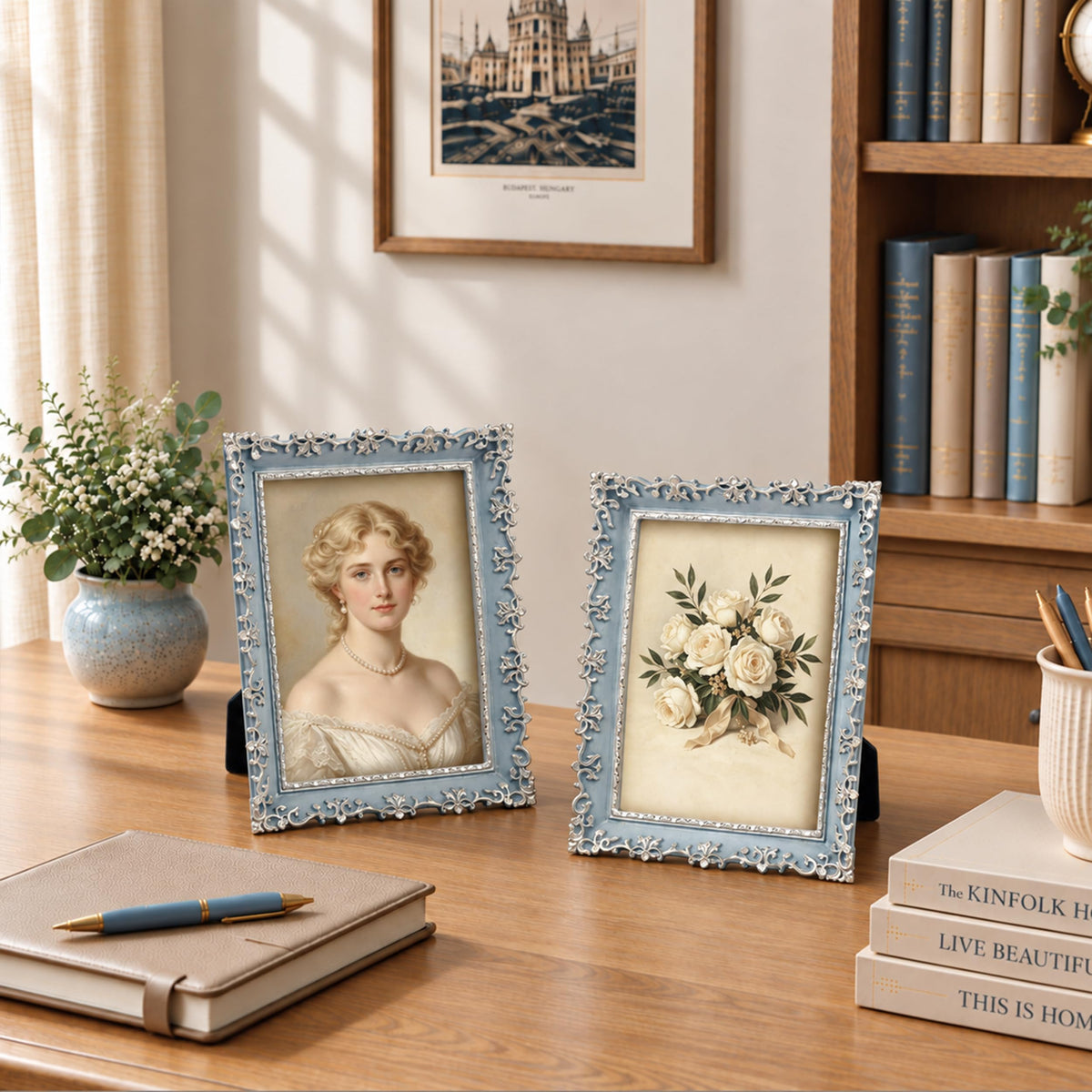 AELS 4x6 Inch Vintage Picture Frame, Elegant Antique Photo Frames with Glass Front, Photo Display, Tabletop Wall Hanging, Gift Ideas, Vine Pattern, Silver & Light Blue