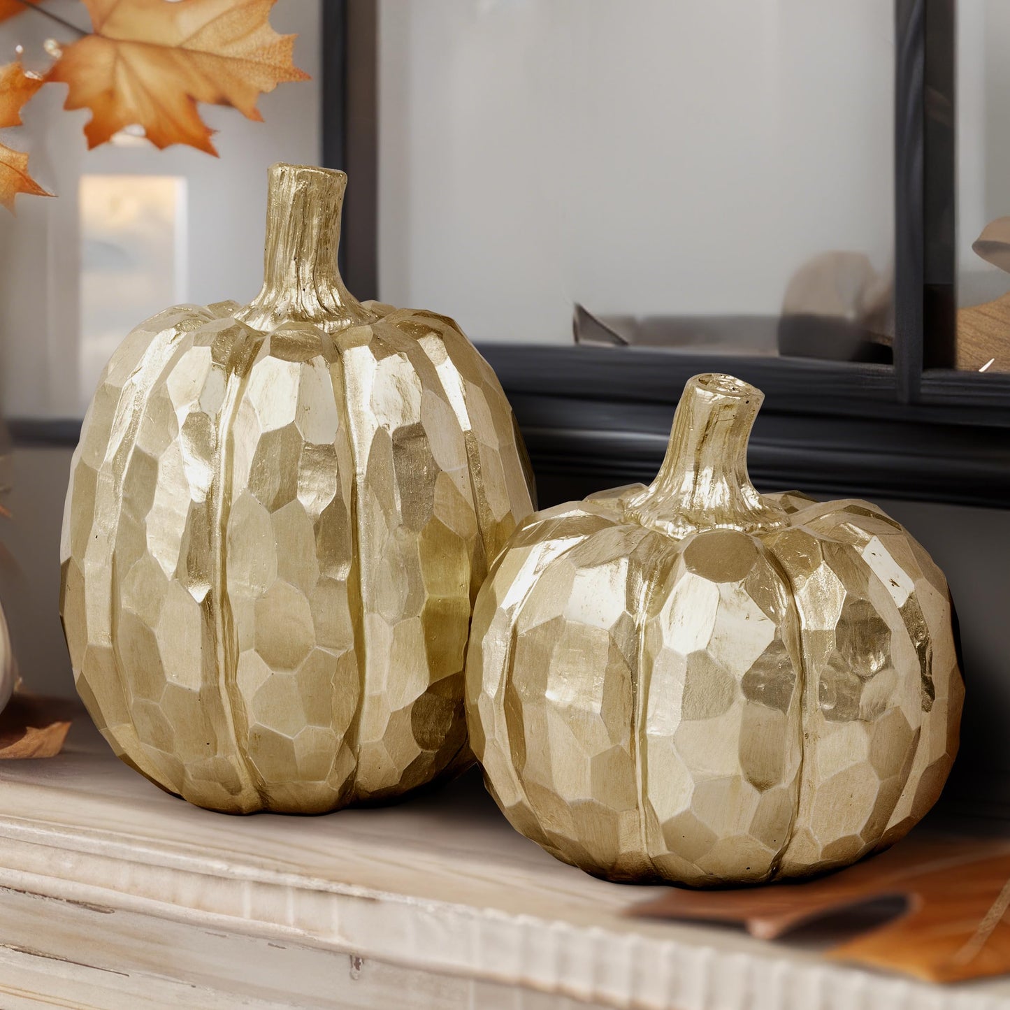 AELS 5.9" Tall Modern Farmhouse Pumpkins Fall Decor Indoor, Set of 2 Elegant Tabletop Decorations, Resin Artificial Pumpkins Decor for Fall Table Runner, Office, Holiday Party Home, White