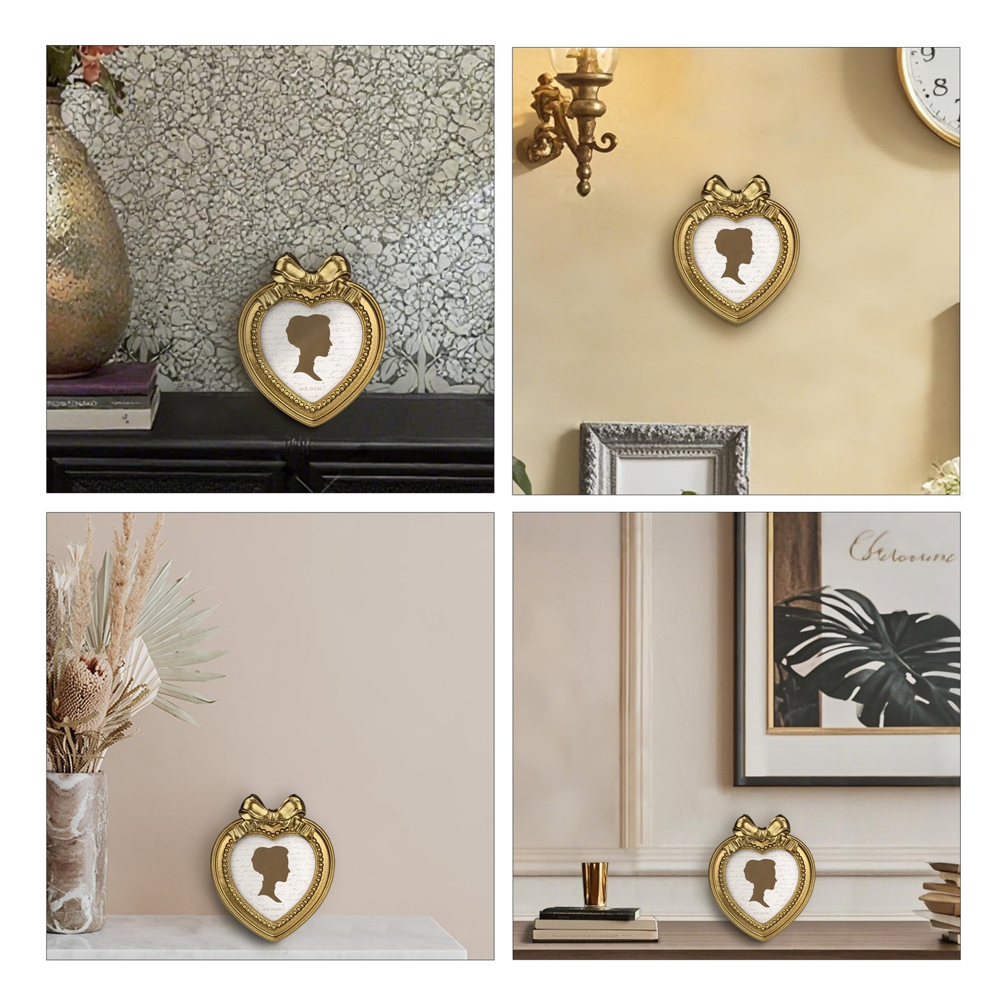 AELS 4x4 Inch Heart Shaped Vintage Picture Frame, Elegant Antique Bow Photo Frames with Glass Front, Photo Display, Tabletop Wall Hanging, Gift Ideas, Golden Bronze