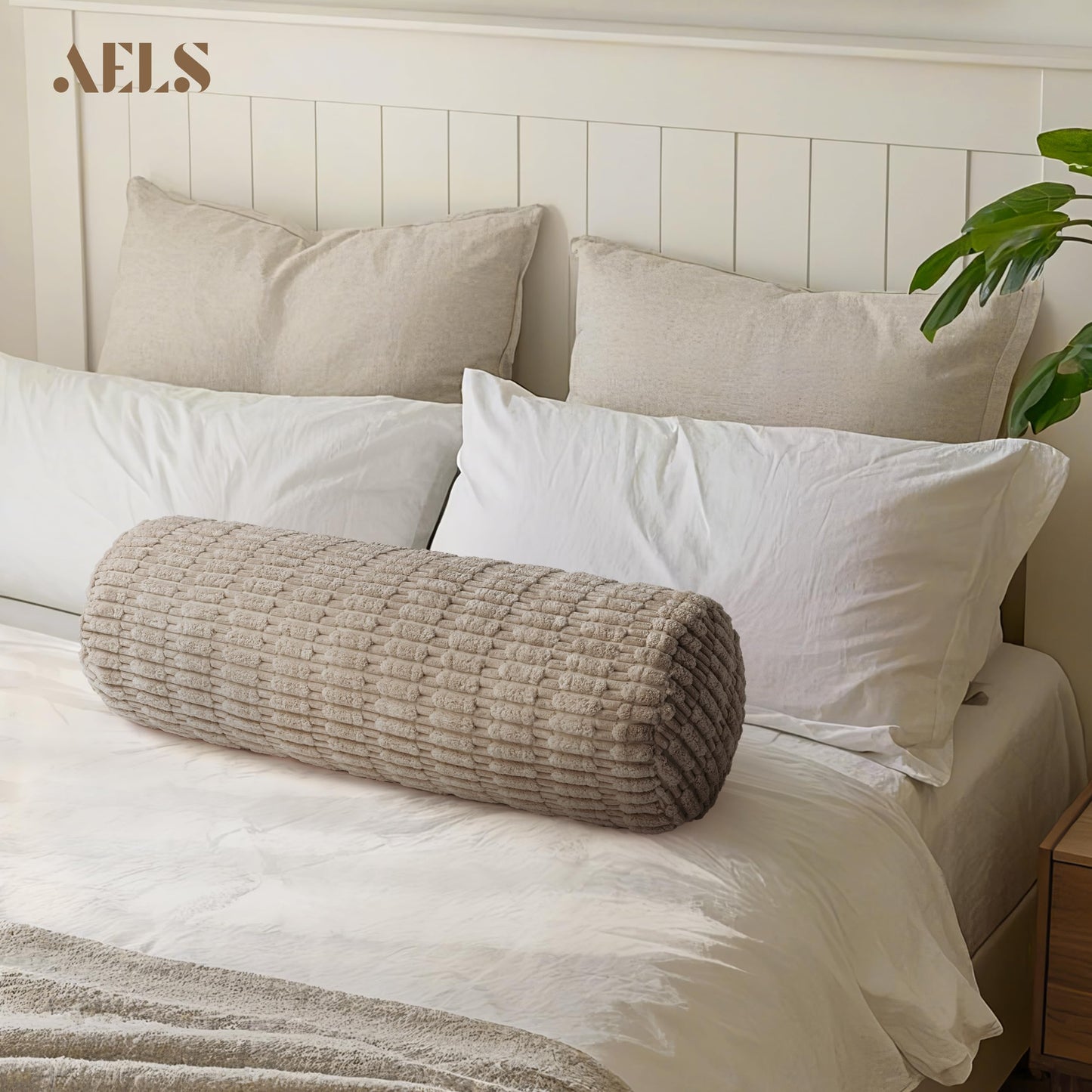 AELS Faux Fur Striped Cylinder Pillows, 8" x 24" Decorative Modern Bolster Pillows with Removable Washable Cover and Insert, Body Pillow for Couch and Bed, Living Room Bedroom Nursery Decor, White