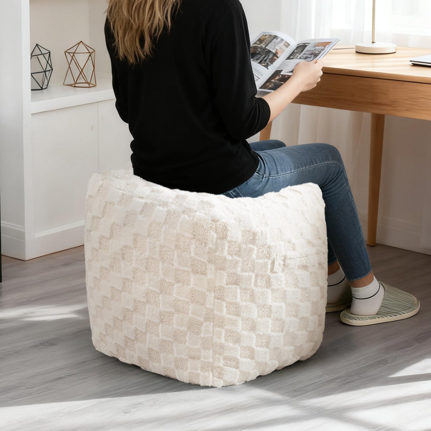 Unstuffed Leopard Cheetah Print Pouf Cover for Living Room, Boho Chic Modern Storage Bean Bag Cube, Soft Faux Fur Ottoman Foot Rest Footstool, 18"x18"x18", Cover ONLY, Natural Leopard