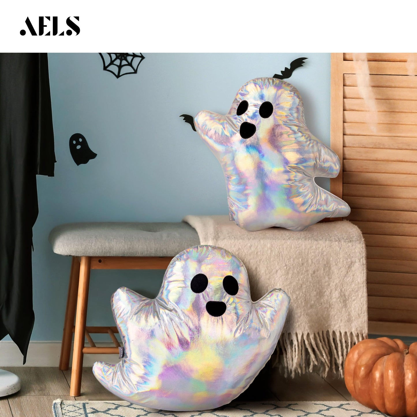 AELS 19.6" Iridescent Ghost Decorative Throw Pillow Set of 2, Ghost Shaped Throw Pillows, Halloween Decorations, Halloween Pillows for Holiday Party Home, Decor for Living Room Bedroom, Rainbow Silver