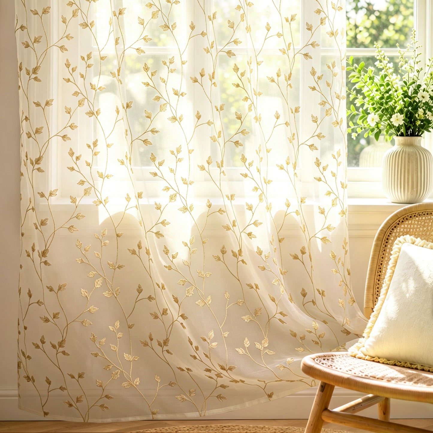 Semi White Sheer Curtains 84 Inches Long 2 Panels Set, White Stem | Embroidered Leaf Patterned Voile Window Treatments for Living Room Bedroom, Airy Light Filtering Grommet Curtains 52"W x 84"L