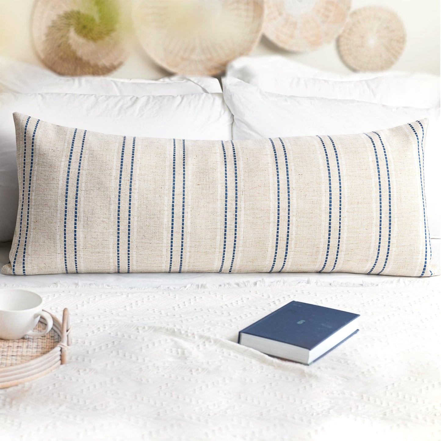 AELS 12x20 Decorative Farmhouse Linen Blend Throw Pillow Covers, Boho Textured Pillow Case, Set of 2, Beige with White & Brown Stitch Yarn Dyed Stripe Cushion Cover for Sofa Living Room (Cover ONLY)