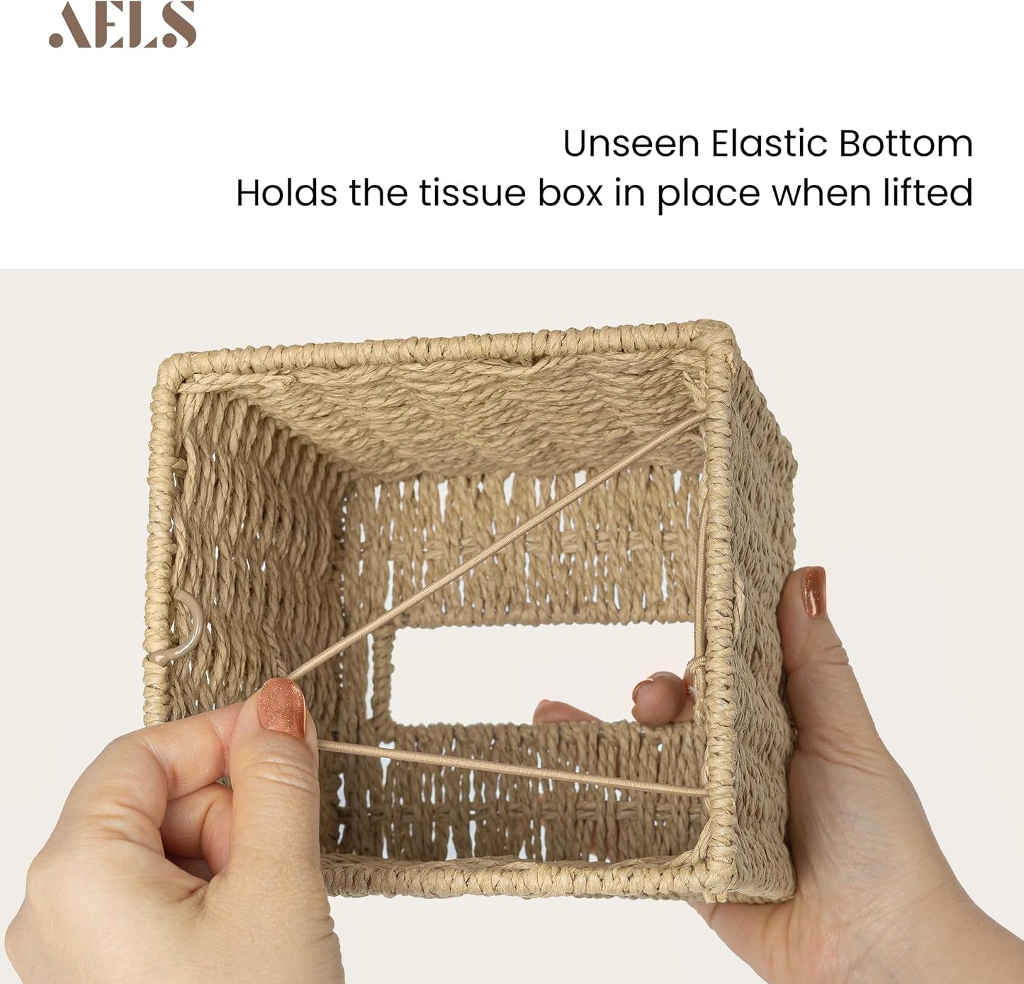 Farmhouse Tissue Box Cover Square, Hand Woven Strawpaper Facial Tissue Paper Holder, Cute Tissue Box Holder Square, Boho Bathroom Decor Box for Tissues Cube Box w/Elastic Bottom, Beige