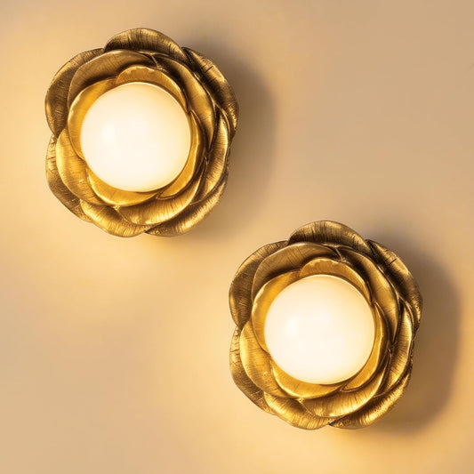 Battery Operated Wall Sconces Set of 2, Vintage Gold Wireless Wall Lights with 3 Color Temps & Dimmable RGB Mode, Rechargeable with Detachable LED Bulbs & Remote for Bedroom Living Room，Floral