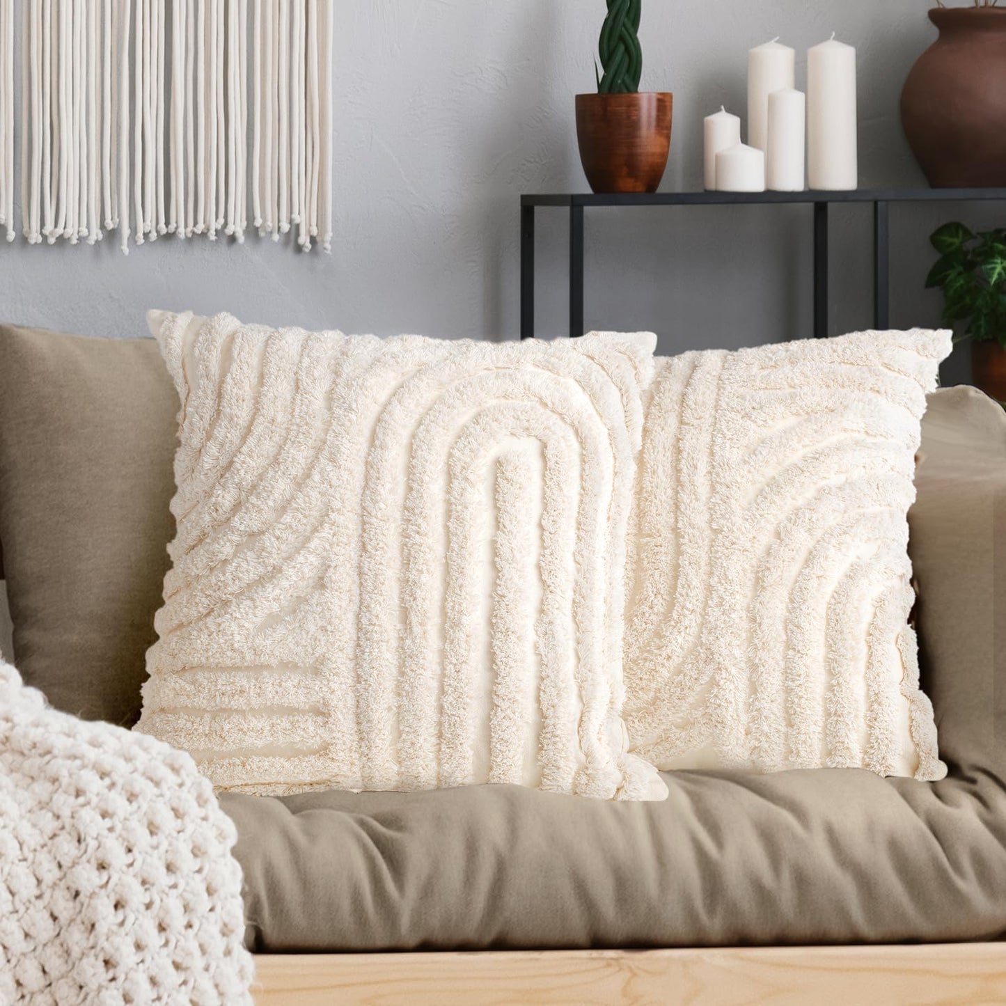 AELS Boho Decorative Textured Throw Pillow Covers 20x20, Set of 2, Modern Abstract Mid Century Rainbow Tufted Pillow Case, Farmhouse Rustic Neutral Woven Cushion Case for Bed Couch Sofa, Creamy White
